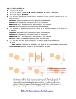 Para distribuir objetos
1.  Selecciona los objetos.
2.  Haz clic en el menú Organizar ► Alinear y distribuir ► Alinear y distribuir.
3.  Haz clic en la ficha Distribuir.
4.  Para distribuir los objetos horizontalmente, activa una de las siguientes opciones de la fila
   superior derecha:
   • Izquierda: espacia los bordes izquierdos del objeto uniformemente
   • Centro: espacia los puntos centrales del objeto uniformemente
   • Espaciado: coloca intervalos iguales entre los objetos seleccionados
   • Derecha: espacia los bordes derechos del objeto uniformemente
5. Para distribuir los objetos verticalmente, activa una de las siguientes opciones de la columna de
   la izquierda:
   • Superior: espacia los bordes superiores del objeto uniformemente
   • Centro: espacia los puntos centrales del objeto uniformemente
   • Espaciado: coloca intervalos iguales entre los objetos seleccionados
   • Inferior: espacia los bordes inferiores del objeto uniformemente
6. Para indicar el área en la que desea distribuir los objetos, activa una de las siguientes
    opciones:
    • Toda la selección: distribuye los objetos por toda el área de la caja delimitadora que los rodea
   • Toda la página: distribuye los objetos por toda la página de dibujo




                        Video 30 – Como alinear y distribuir objetos
 