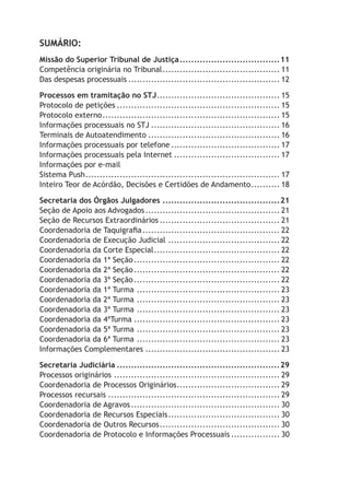 SUMÁRIO:
Missão do Superior Tribunal de Justiça....................................11
Competência originária no Tribunal.......................................... 11
Das despesas processuais...................................................... 12
Processos em tramitação no STJ............................................ 15
Protocolo de petições.......................................................... 15
Protocolo externo............................................................... 15
Informações processuais no STJ.............................................. 16
Terminais de Autoatendimento............................................... 16
Informações processuais por telefone....................................... 17
Informações processuais pela Internet...................................... 17
Informações por e-mail
Sistema Push..................................................................... 17
Inteiro Teor de Acórdão, Decisões e Certidões de Andamento........... 18
Secretaria dos Órgãos Julgadores..........................................21
Seção de Apoio aos Advogados................................................ 21
Seção de Recursos Extraordinários........................................... 21
Coordenadoria de Taquigrafia................................................. 22
Coordenadoria de Execução Judicial........................................ 22
Coordenadoria da Corte Especial............................................. 22
Coordenadoria da 1ª Seção.................................................... 22
Coordenadoria da 2ª Seção.................................................... 22
Coordenadoria da 3ª Seção.................................................... 22
Coordenadoria da 1ª Turma................................................... 23
Coordenadoria da 2ª Turma................................................... 23
Coordenadoria da 3ª Turma................................................... 23
Coordenadoria da 4ªTurma.................................................... 23
Coordenadoria da 5ª Turma................................................... 23
Coordenadoria da 6ª Turma................................................... 23
Informações Complementares................................................ 23
Secretaria Judiciária..........................................................29	
Processos originários........................................................... 29
Coordenadoria de Processos Originários..................................... 29	
Processos recursais............................................................. 29
Coordenadoria de Agravos..................................................... 30
Coordenadoria de Recursos Especiais........................................ 30
Coordenadoria de Outros Recursos........................................... 30
Coordenadoria de Protocolo e Informações Processuais.................. 30
 