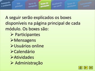 A seguir serão explicados os boxes
disponíveis na página principal de cada
módulo. Os boxes são:
    Participantes
   Mensagens
   Usuários online
   Calendário
   Atividades
    Administração
 