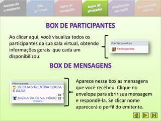Ao clicar aqui, você visualiza todos os
participantes da sua sala virtual, obtendo
informações gerais que cada um
disponibilizou.



                               Aparece nesse box as mensagens
                               que você recebeu. Clique no
                               envelope para abrir sua mensagem
                               e respondê-la. Se clicar nome
                               aparecerá o perfil do emitente.
 