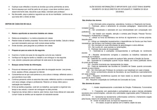 • Explique suas reflexões e levante as dúvidas que achar pertinentes ao tema.
• Nunca esqueça que você faz parte de um grupo, e que deve contribuir para o
desenvolvimento dele, discutindo suas idéias, orientado pelo professor.
• Na discussão, peça a palavra e aguarde sua vez de se manifestar. Lembre-se de
que todos têm o direito de falar.
DEPOIS DE CADA DIA DE AULA:
Releia e aprofunde os assuntos tratados em classe.
• Releia as anotações e / ou textos propostos em classe.
• Realize todas as tarefas propostas. Nunca deixe acumular tarefas. Calcule o tempo
que será necessário para que você cumpra essas tarefas.
• Anote dúvidas, para perguntar ao professor em classe.
Prepare-se para as aulas do dia seguinte.
• Examine o horário de aulas do dia seguinte e arrume seu material.
• Verifique se há alguma tarefa ou trabalho a ser entregue no dia seguinte.
• Leia, estude e pesquise para participar de cada aula do dia seguinte.
Busque outras fontes de informação.
• Procure se interessar pelo mundo para além da obrigação escolar. Leia jornais,
livros, assista a filmes, pesquise na Internet.
• Conscientize-se de que você pertence a uma cultura e interaja, refletindo sobre o
que acontece à sua volta.
• Continue pensando sobre os assuntos das aulas, refletindo sozinho e conversando
com seus colegas, amigos e professores. Reserve um tempo diário para a
realização dos trabalhos.
• Entre as tarefas propostas, você tem os trabalhos, que ajudam a organizar seu
tempo e seu estudo, e devem ser entregues na data prevista.
• Organize seu tempo diário e reserve, pelo menos, duas horas diárias em casa para
cumprir todas as tarefas que se esperam do estudante escolar.
ALÉM DESSAS INFORMAÇÕES É IMPORTANTE QUE VOCÊ TENHA SEMPRE
EM MENTE OS SEUS DIREITOS DE ESTUDANTE E TAMBÉM OS SEUS
DEVERES.
São direitos dos alunos:
I – Ser informado sobre programas, calendários, horários e o Regimento da Escola;
II - Participar, plena e ativamente do processo pedagógico desenvolvido pela
Unidade Escolar;
III - Ser considerado e valorizado em sua individualidade sem comparação nem
preferência.
IV - Ser tratado com respeito, atenção e cortesia pela Direção, Pessoal Técnico-
Pedagógico, Professores e Colegas;
V - Utilizar os livros da Biblioteca nos termos do regulamento e normas próprias,
daquele setor;
VI - Utilizar as instalações equipamentos e dependências da Escola que lhes forem
necessários, nas formas e nos horários a eles reservados;
VII - Ser orientado em suas dificuldades de aprendizagem e sócio-afetivas;
VIII - Ser ouvido em, suas queixas ou reclamações;
IX - Participar das aulas de recuperação;
X - Submeter-se à avaliações correspondentes à verificação do rendimento
escolar;
XI - Receber devidamente corrigidos e avaliados os trabalhos realizados sob
orientação do Professor;
XII - Defender-se, quando acusado de qualquer falta, perante a Direção da Escola;
XIII - Submeter-se a avaliações quando houver faltado, por motivo justificado dentro
do prazo de 48 horas;
XIV - Escolher livremente seu representante da classe;
XV - Fazer-se representar nas reuniões do Conselho de Classe, quando convocado,
através de seus líderes;
XVI - Ser informado pelo Professor do conteúdo a ser trabalhado em cada Unidade;
XVII - Tomar conhecimento através da Secretaria, de sua freqüência e aproveitamento
em cada Unidade;
XVIII – Requerer transferência (quando de maior idade) ou através do responsável
(quando de menor idade);
XIX - Requerer a expedição do Certificado de Conclusão de Curso.
São deveres do aluno:
I - Acatar respeitosamente a autoridade da Direção, Professores, Funcionários
e Pais;
II - Freqüentar com assiduidade e pontualidade as aulas e demais atividades
escolares e/ou comemorações, culturais e/ou solenidades organizadas pelos Professores ou
pela escola;
III - Apresentar-se devidamente uniformizados conforme o fardamento exigido
pela Escola, mesmo em atividades no turno oposto;
IV - Entrar na sala de aula, ao toque do respectivo sinal;
V - Em classe, ocupar-se apenas com a matéria, objeto da aula;
 