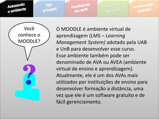 Você
conhece o
MOODLE?
O MOODLE é ambiente virtual de
aprendizagem (LMS – Learning
Management System) adotado pela UAB
e UnB para desenvolver esse curso.
Esse ambiente também pode ser
denominado de AVA ou AVEA (ambiente
virtual de ensino e aprendizagem).
Atualmente, ele é um dos AVAs mais
utilizados por instituições de ensino para
desenvolver formação a distância, uma
vez que ele é um software gratuito e de
fácil gerenciamento.
 