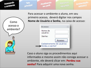 Como
acesso o
ambiente?
Para acessar o ambiente o aluno, em seu
primeiro acesso, deverá digitar nos campos
Nome de Usuário e Senha, na caixa de acesso:
Caso o aluno siga os procedimentos aqui
informados e mesmo assim não consiga acessar o
ambiente, ele deverá clicar em: Perdeu sua
senha? Para adquirir uma nova senha.
 