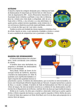 octágono
     O desenho original do octágono designado para a liderança do Clube
     de Desbravadores foi desenhado por Harriet Holt em 1922 (funcio-
     nária do departamento JMV - Jovens Missionários Voluntários da
     Associação Geral) simboliza a perfeição e nova vida na liderança
     deve ter, simbolo este vindo desde a antiguidade, além de ser a
     fusão entre o infinito, o céu (círculo) e a a área delimitada e os
     quatro pontos cardeais terrenos (quadrado), sendo símbolo do vi-
     ver com bravura e idealismo assumindo responsabilidades, sendo as-
     sim a missão do líder que é de ir por todo o mundo.
        O globo no centro vem herdado das classes regulares e simboliza o foco
     da missão. Quanto as cores, o azul representa a lealdade a missão e o amare-
     lo ouro a excelência do compromisso com a juventude e a liderança.




                                                                              30cm

     bandeira dos desbravadores
        O Clube de Desbravadores tem uma ban-
     deira, sendo considerada como emblema
     do mesmo.
        A bandeira deve estar desfraldada nos




                                                                                                          90cm
                                                     30cm




     programas e atividades dos desbravadores
     locais ou da Associação.
        Henry Bergh, Diretor de Jovens da As-
     sociação Central da Califórnia, desenhou
     a bandeira dos desbravadores em 1948. Os
     quadrados azuis significando lealdade e co-
                                                                               135cm
     ragem enquanto dois quadrados brancos re-
     presentando a pureza. O emblema dos desbravadores, que se encontra no meio da bandeira, co-
     locava uma interpretação diferente daquela dada por Hancock. A espada representava a palavra
     de Deus e o escudo a verdade. A bandeira do Clube de Desbravadores tem 90cm de altura por
     135cm de largura. No meio da bandeira encontra-se o emblema D1 dos desbravadores (confor-
     me descrita no Regulamento do Uniforme), medindo 30cm de altura por igual medida de largura.
        Divide-se em 4 partes. Ao olhar para a bandeira o observador notará que as partes superior
     direita e inferior esquerda são brancas; as partes superior esquerda e inferior direita são azuis.
     O nome do Clube deve aparecer em fonte Arial Black com 8 cm de altura pela proporção de no
     máximo 50cm de largura.




16
 