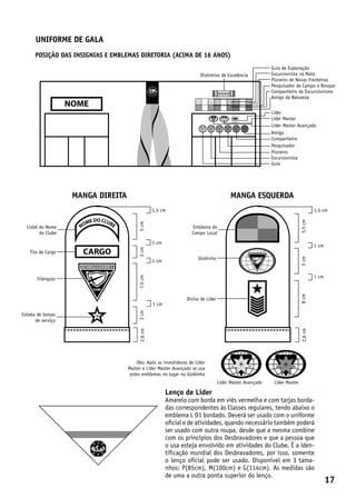 UNIFORME DE GALA
      POSIÇÃO DAS INSIGNIAS E EMBLEMAS diretoria (ACIMA DE 16 ANOS)
                                                                                                                  Guia de Exploração
                                                                              Distintivo de Excelência            Excursionista na Mata
                                                                                                                  Pioneiro de Novas Fronteiras
                                                                                                                  Pesquisador de Campo e Bosque
                               NOME                                                                               Companheiro de Excursionismo
                                                                                                                  Amigo da Natureza
                     NOME
                                                                                                                  Líder
                                                                                                                  Líder Master
                                                                                                                  Líder Master Avançado
                                                                                                                  Amigo
                                                                                                                  Companheiro
                                                                                                                  Pesquisador
                                                                                                                  Pioneiro
                                                                                                                  Excursionista
                                                                                                                  Guia




                           manga direita                                                        manga esquerda
                                                         1,5 cm                                                                            1,5 cm
                                O
                            ME D CLUBE




                                                                                                                                  5,5 cm
                         NO
                                                5 cm




  Listel do Nome                                                          Emblema do
                      O
         do ClubeOME D CLUBE                                              Campo Local
                N
                                                         1 cm
                                                                                                                                           1 cm
                         CARGO
                                                2 cm




    Tira de Cargo
                                                                             Globinho
                    CARGO



                                                                                                                                  5 cm
                                                         1 cm


                                                                                                                                           1 cm
                                                7,5 cm




       Triângulo



                                                                                                                                  8 cm
                                                                        Divisa de Líder
                                                         1 cm
                                                3 cm




Estrela de tempo                Nº
       de serviço
                      Nº
                                                2,6 cm




                                                                                                                                  2,6 cm




                                               Obs: Após as investiduras de Líder
                                           Master e Líder Master Avançado se usa
                                            estes emblemas no lugar no Globinho
                                                                                          Líder Master Avançado    Líder Master

                                                                Lenço de Líder
                                                                Amarelo com borda em viés vermelha e com tarjas borda-
                                                                das correspondentes às Classes regulares, tendo abaixo o
                                                                emblema L D1 bordado. Deverá ser usado com o uniforme
                                                                oficial e de atividades, quando necessário também poderá
                                                                ser usado com outra roupa, desde que a mesma combine
                                                                com os princípios dos Desbravadores e que a pessoa que
                                                                o usa esteja envolvido em atividades do Clube. É a iden-
                                                                tificação mundial dos Desbravadores, por isso, somente
                                                                o lenço oficial pode ser usado. Disponível em 3 tama-
                                                                nhos: P(85cm), M(100cm) e G(114cm). As medidas são
                                                                de uma a outra ponta superior do lenço.
                                                                                                                                                  17
 