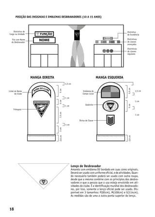 POSIÇÃO DAS INSIGNIAS E EMBLEMAS desbravadores (10 a 15 ANOS)



    Distintivo de                                                                                        Distintivo
Cargo na Unidade          FUNÇÃO                                                                         de Excelência

   Tira com Nome
   do Desbravador
                          NOME                                                                           Distintivos
                                                                                                         de classes
                                                                                                         avançadas

                                                                                                         Distintivos
                                                                                                         de classes
                                                                                                         regulares




                    manga direita                                               manga esquerda
                                               1,5 cm

                            O
                        ME D CLUBE




                                                                                                         5,5 cm
                                     5 cm




Listel do Nome        NO                                        Emblema do                                         1,5 cm
       do Clube                                                 Campo Local
                                               1 cm
                                     2 cm




                                                                                                                   1 cm
                                                                   Globinho




                                                                                                         5 cm
                                               1 cm
     Triângulo
                                     7,5 cm




                                                                                                                   1 cm

                                                             Divisa de Classe
                                               1 cm
                                     3 cm
                                      2,6 cm




                                                                                                          2,6 cm




                                                      Lenço de Desbravador
                                                      Amarelo com emblema D2 bordado em suas cores originais.
                                                      Deverá ser usado com uniforme oficial, e de atividades. Quan-
                                                      do necessário também poderá ser usado com outra roupa,
                                                      desde que a mesma combine com os princípios dos desbra-
                                                      vadores e que a pessoa que o usa esteja envolvido em ati-
                                                      vidades do clube. É a identificação mundial dos desbravado-
                                                      res, por isso, somente o lenço oficial pode ser usado. Dis-
                                                      ponível em 3 tamanhos: P(85cm), M(100cm) e G(114cm).
                                                      As medidas são de uma a outra ponta superior do lenço.



18
 