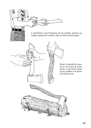 A machadinha é uma ferramente com fio cortante, portanto seu
manejo, quando sem a bainha, deve ser feito de forma segura.




                                 Manter a machadinha crava-
                                 da em um tronco de árvore
                                 morta, é uma forma correta
                                 de seu cuidado e de acesso
                                 fácil para seu uso.




                                                               27
 