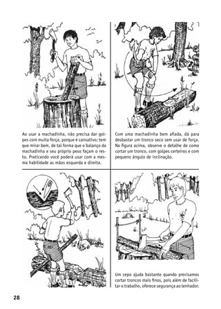 Ao usar a machadinha, não precisa dar gol-     Com uma machadinha bem afiada, dá para
     pes com muita força, porque é cansativo; tem   desbastar um tronco seco sem usar de força.
     que mirar bem, de tal forma que o balanço da   Na figura acima, observe o detalhe de como
     machadinha e seu próprio peso façam o res-     cortar um tronco, com golpes certeiros e com
     to. Praticando você poderá usar com a mes-     pequeno ângulo de inclinação.
     ma habilidade as mãos esquerda e direita.




                                                    Um cepo ajuda bastante quando precisamos
                                                    cortar troncos mais finos, pois além de facili-
                                                    tar o trabalho, oferece segurança ao lenhador.

28
 