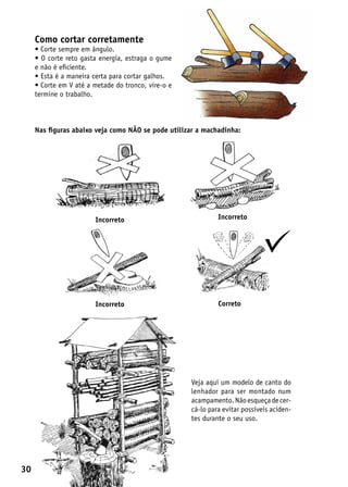 Como cortar corretamente
     • Corte sempre em ângulo.
     • O corte reto gasta energia, estraga o gume
     e não é eficiente.
     • Esta é a maneira certa para cortar galhos.
     • Corte em V até a metade do tronco, vire-o e
     termine o trabalho.



     Nas figuras abaixo veja como NÃO se pode utilizar a machadinha:




                        Incorreto                             Incorreto




                        Incorreto                             Correto




                                                     Veja aqui um modelo de canto do
                                                     lenhador para ser montado num
                                                     acampamento. Não esqueça de cer-
                                                     cá-lo para evitar possíveis aciden-
                                                     tes durante o seu uso.




30
 