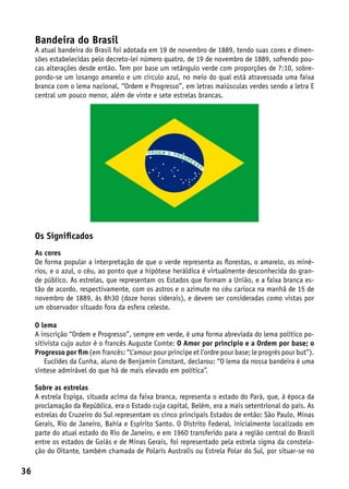 Bandeira do Brasil
     A atual bandeira do Brasil foi adotada em 19 de novembro de 1889, tendo suas cores e dimen-
     sões estabelecidas pelo decreto-lei número quatro, de 19 de novembro de 1889, sofrendo pou-
     cas alterações desde então. Tem por base um retângulo verde com proporções de 7:10, sobre-
     pondo-se um losango amarelo e um círculo azul, no meio do qual está atravessada uma faixa
     branca com o lema nacional, “Ordem e Progresso”, em letras maiúsculas verdes sendo a letra E
     central um pouco menor, além de vinte e sete estrelas brancas.




     Os Significados
     As cores
     De forma popular a interpretação de que o verde representa as florestas, o amarelo, os miné-
     rios, e o azul, o céu, ao ponto que a hipótese heráldica é virtualmente desconhecida do gran-
     de público. As estrelas, que representam os Estados que formam a União, e a faixa branca es-
     tão de acordo, respectivamente, com os astros e o azimute no céu carioca na manhã de 15 de
     novembro de 1889, às 8h30 (doze horas siderais), e devem ser consideradas como vistas por
     um observador situado fora da esfera celeste.

     O lema
     A inscrição “Ordem e Progresso”, sempre em verde, é uma forma abreviada do lema político po-
     sitivista cujo autor é o francês Auguste Comte: O Amor por princípio e a Ordem por base; o
     Progresso por fim (em francês: “L’amour pour principe et l’ordre pour base; le progrès pour but”).
         Euclides da Cunha, aluno de Benjamin Constant, declarou: “O lema da nossa bandeira é uma
     síntese admirável do que há de mais elevado em política”.

     Sobre as estrelas
     A estrela Espiga, situada acima da faixa branca, representa o estado do Pará, que, à época da
     proclamação da República, era o Estado cuja capital, Belém, era a mais setentrional do país. As
     estrelas do Cruzeiro do Sul representam os cinco principais Estados de então: São Paulo, Minas
     Gerais, Rio de Janeiro, Bahia e Espírito Santo. O Distrito Federal, inicialmente localizado em
     parte do atual estado do Rio de Janeiro, e em 1960 transferido para a região central do Brasil
     entre os estados de Goiás e de Minas Gerais, foi representado pela estrela sigma da constela-
     ção do Oitante, também chamada de Polaris Australis ou Estrela Polar do Sul, por situar-se no

36
 