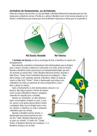alça da Bandeira. Este nó pode ser rapidamente desfeito,
                                                                         pois é terminado com uma alça em lugar da ponta.
                          Insignia de
                        Rádio Escotismo

                                                         Nó de Fateixa
                          Cerimônia de Serve para ancorar um cabo Arriamento
                                       Hasteamento, ou
                               Distintivo
                          Escoteiros do Brasil

                          Antes de começar uma reunião, salvamento
                              Distintivo Anual
                                               em uma boia de ou uma atividade, a Bandeira Nacional é preparada para ser has-
                                               ou para prender a adriça na
                          teada pela unidade de serviço. Prende-se a adriça à Bandeira com nó de escota alceado ou nó
                                               Bandeira quando existir ilhós.
                          fateixa, cuidando para que a parte que cima da Bandeira seja presa a adriça que ira suspendê-la.
                                                             Nó Escota Alceado                      Nó de Fateixa




 ivo de Atividade
 do ser usado por
 ses, ápos o Evento.

                       Distintivo Alternativo
                       do Cordão de Eficiência Verde
                       Amarelo ou Cordão de
                       Eficiência Vermelho e Branco
                       Podendo ser usado o distintivo
                       na portinhola do bolso direito.



me Escoteiro e Traje
o escoteiro pode opitar pelo uso
me escoteiro ou traje.

                                                          Nó Escota Alceado                          Nó Fateixa
                              A Unidade em Serviço no dia se encarrega de fixar a bandeira no mastro an-
                          tecipadamente.
                              Normalmente, a bandeira e hasteada por dois desbravadores que se dirigem
                          para o mastro, tirando a cobertura e colocando-a no chilo, junto ao mastro.
                          Quando a bandeira estiver pronta para ser hasteada desbravador que esti-
                          ver próximo ao mastro fala: “Líder, Bandeira Nacional pronta”. Quando o
                          líder disser: “Clube, firme! A Bandeira Nacional em saudaçao!”, a Ban-
                          deira começa a ser hasteada. Quando a Bandeira chegar ao topo do
                          mastro o líder dirá: “Firme!”. Entao o desbravador que estava com
                          a Bandeira nas mãos se aproxima do outro companheiro e pren-
                          dem a adriça ao mastro.
                              Após o hasteamento os dois desbravadores colocam a co-
                          bertura, dão alguns passos a frente do mastro,
                          viram-se para a Bandeira e fazem a saudação,
                          voltando em seguida para a unidade.
                              Quanto ao arriamento, os dois desbrava-
                          dores encarregados dirigem-se para o mas-
                          tro, param a uns quatro passos deste e fazem
                          a saudação. Após isso se dirigem para o mas-
                          tro, deixam a cobertura no chão e preparam
                          a Bandeira para ser arriada.
                              Quando a Bandeira estiver pronta, o
                          desbravador que estiver próximo ao mas-
                          tro diz: “Líder, Bandeira Nacional pron-
                          ta para ser arriada”. 0 chefe diz: “Clube,
                          firmel! A Bandeira Nacional em saudaçao”, e a
                          Bandeira começa a ser arriada.

                                                                                                                                    43
 