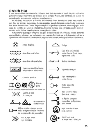 Sinais de Pista
 É uma boa atividade de observação. Primeiro você deve aprender os sinais de pista utilizados
 para comunicação nas trilhas de florestas e nos campos. Alguns, são idênticos aos usados no
 passado pelos aventureiros, indígenas e exploradores.
    Nas estradas, nos campos e no mato encontramos sinais deixados no chão, nas árvores e
 nos rios, por animais ou pessoas. A essas pegadas, quando tomadas numa direção e com um
 fim, é que denominamos “pista” Seguir uma pista exige observações que põem em jogo a acui-
 dade dos sentidos e o vigor da inteligência. Quem se dedica a essa atividade adquire conheci-
 mentos muito úteis e elevado grau de percepção das coisas.
     Naturalmente que seguir uma pista real para a descoberta de um animal ou pessoa, demanda
 oportunidades e interesses que muitas vezes nos escapam. Por isso é que os desbravadores iniciam o
 aprendizado utilizando sinais convencionais próprios, colocados em pontos que facilitam a observação.


                         Início de pista                                Perigo

                                                                        Siga dois quilômetros
                         Água boa para beber                            nesta direção (cada traço
                                                                        representa 1km)

                         Água boa má para beber                         Salte o obstáculo


                         Espere-me aqui (indique o
                                                                        Siga nesta direção
                         tempo dentro do quadro)


                                                                        Siga a toda pressa
                         Caminho a evitar
                                                                        nesta direção

                                                  Fim de
                                                  pista                 Voltei ao ponto
                                                                        de reunião
obs: Este sinal é usado também tradicionalmente como marca de luto.
                                                                        Dois seguirão nesta
                          Guerra, o jogo
                                                                        direção e 1 nesta
                          já começou
                                                                        os Águias vão pela
                                             Acampamento                esquerda e os Morcegos
                                             nesta direção              pela direita

                 Objeto oculto a tantos passos                         Aqui é um local bom
                 nesta direção (indique o número                       para acampar
                 de passos dentro do quadrado)

                       Paz, o jogo ainda                                Local bom para
                       nao começou                                      acampar nesta direcção


                                                                                                         55
 