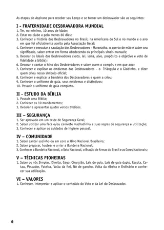 As etapas do Aspirane para receber seu Lenço e se tornar um desbravador são as seguintes:

    I - Fraternidade Desbravadora Mundial
    1. Ter, no mínimo, 10 anos de idade;
    2. Estar no clube a pelo menos 60 dias;
    3.  onhecer a história dos Desbravadores no Brasil, na Americana do Sul e no mundo e o ano
       C
       em que foi oficialmente aceito pela Associação Geral;
    4.  onhecer e executar a saudação dos Desbravadores - Maranatha, o aperto de mão e saber seu
       C
       significado, saber entrar em forma obedecendo os principais sinais manuais;
    5.  ecorar os ideais dos Desbravadores (voto, lei, lema, alvo, propósito e objetivo e voto de
       D
       fidelidade a bíblia);
    6. Decorar e cantar o hino dos Desbravadores e saber quem o compôs e em que ano;
    7.  onhecer e explicar os emblemas dos Desbravadores – o Triângulo e o Globinho, e dizer
       C
       quem criou nosso símbolo oficial;
    8. Conhecer e explicar a bandeira dos Desbravadores e quem a criou;
    9. Conhecer o uniforme de gala, seus emblemas e distintivos;
    10. Possuir o uniforme de gala completo.

    II - ESTUDO DA BÍBLIA
    1. Possuir uma Bíblia;
    2. Conhecer os 10 mandamentos;
    3. Decorar e apresentar quatro versos bíblicos.

    III – SEGURANÇA
    1. Ser aprovado em um teste de Segurança Geral;
    2. Saber utilizar uma faca e/ou canivete machadinha e suas regras de segurança e utilização;
    3. Conhecer e aplicar os cuidados de higiene pessoal.

    IV – COMUNIDADE
    1. Saber cantar sozinho ou em coro o Hino Nacional Brasileiro;
    2. Saber preparar, hastear e arriar a Bandeira Nacional;
    3. Conhecer a Bandeira Nacional, o Selo Nacional, o Brasão de Armas do Brasil e as Cores Nacionais;

    V – TÉCNICAS PIONEIRAS
    1.  aber os nós Simples, Direito, Cego, Cirurgião, Lais de guia, Lais de guia duplo, Escota, Ca-
       S
       tau, Pescador, Fateixa, Volta da fiel, Nó de gancho, Volta da ribeira e Ordinário e conhe-
       cer sua utilização.

    VI – VALORES
    1. Conhecer, interpretar e aplicar o conteúdo do Voto e da Lei do Desbravador.




6
 