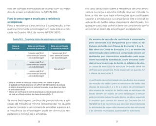 21
20
tras ser colhidas e ensaiadas de acordo com os méto-
dos de ensaio estabelecidos na NP EN 206.
Plano de amostragem e ensaio para a resistência
à compressão
Para a resistência característica à compressão, a fre-
quência mínima de amostragem em cada lote é a indi-
cada no Quadro NA.L da norma NP EN 13670.
Quadro NA.L – Frequência mínima de amostragem em cada lote
Classe de
Execução
Betão com certificação
do controlo da produção a)
Betão sem certificação
do controlo da produção
1
1 amostra cada 150 m3
,
com o mínimo de 1 amostra
por dia de betonagem
1 amostra cada 50 m3
,
com o mínimo de 1 amostra
por dia de betonagem
2
1 amostra cada 75 m3
,
com o mínimo de 1 amostra
por dia de betonagem
Não aplicável b)
3
1 amostra cada 50 m3
,
com o mínimo de 1 amostra
por dia de betonagem
a)
Aplica-se também ao betão cujo produtor tenha o seu sistema de gestão
da qualidade certificado de acordo com a NP EN ISO 9001 no âmbito da produção
do betão e abrangendo o centro de produção fornecedor, o qual deverá ser objeto
de uma auditoria anual.
b)
O betão sem certificação do controlo da produção ou não abrangido pela nota a)
não pode ser utilizado em obras das classes de execução 2 e 3.
Se numa betonagem contínua de grande volume, a apli-
cação da frequência mínima (estabelecida) no Quadro
anterior conduzir a um número de amostras superior a 6,
a frequência da amostragem pode ser diminuída, res-
peitando o mínimo de 6 amostras.
No caso de dúvidas sobre a resistência de uma amas-
sadura ou carga, a amostra colhida deve ser incluída no
lote, a não ser que haja informações que justifiquem
separar a amassadura ou carga desse lote e o local de
aplicação do betão esteja claramente identificado. Em
qualquer caso, esta colheita deve ser considerada como
adicional ao plano de amostragem estabelecido.
Os ensaios de receção da resistência à compressão
pelo construtor, são obrigatórios para todas as es-
truturas de betão com Classe de Execução 1, 2 ou 3.
Nas obras da Classe de Execução 2 e 3, os ensaios de
determinação da resistência à compressão devem ser
realizados por laboratórios acreditados pelo orga-
nismo nacional de acreditação, sobre amostras colhi-
das no local da entrega do betão no estaleiro da obra.
A classe de execução da estrutura de betão deve ser
definida pelo projetista. Pode dispensar-se quando for
a classe de execução 2.
A verificação da conformidade dos resultados dos ensaios
de receção do betão (para as estruturas de betão das
classes de execução 1, 2 e 3) e o plano de amostragem
dos ensaios de receção do betão para as estruturas de
betão devem ser objeto de uma declaração a efetuar
pelo construtor, subscrita pelo diretor de obra, seguindo
o modelo que consta do anexo ao Decreto-Lei n.º
90/2021 de 5 de novembro que deve ser disponibilizada
às entidades de supervisão da execução das estruturas
e às câmaras municipais, quando tal for solicitado.
 