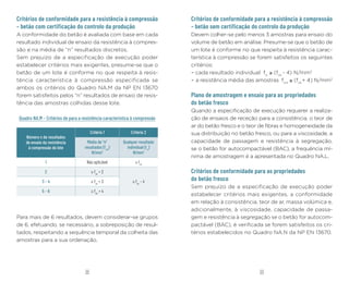 23
22
Critérios de conformidade para a resistência à compressão
– betão com certificação do controlo da produção
A conformidade do betão é avaliada com base em cada
resultado individual de ensaio da resistência à compres-
são e na média de “n” resultados discretos.
Sem prejuízo de a especificação de execução poder
estabelecer critérios mais exigentes, presume-se que o
betão de um lote é conforme no que respeita à resis-
tência característica à compressão especificada se
ambos os critérios do Quadro NA.M da NP EN 13670
forem satisfeitos pelos “n” resultados de ensaio de resis-
tência das amostras colhidas desse lote.
Quadro NA.M – Critérios de para a resistência característica à compressão
Número n de resultados
de ensaio da resistência
à compressão do lote
Critério 1 Critério 2
Média de “n”
resultados (fcm
)
N/mm2
Qualquer resultado
individual (fci
)
N/mm2
1 Não aplicável ≥ fck
2 ≥ fck
+ 2
≥ fck
– 4
3 – 4 ≥ fck
+ 3
5 – 6 ≥ fck
+ 4
Critérios de conformidade para a resistência à compressão
– betão sem certificação do controlo da produção
Devem colher-se pelo menos 3 amostras para ensaio do
volume de betão em análise. Presume-se que o betão de
um lote é conforme no que respeita à resistência carac-
terística à compressão se forem satisfeitos os seguintes
critérios:
– cada resultado individual fci
≥ (fck
- 4) N/mm2
– a resistência média das amostras fcm
≥ (fck
+ 4) N/mm2
Plano de amostragem e ensaio para as propriedades
do betão fresco
Quando a especificação de execução requerer a realiza-
ção de ensaios de receção para a consistência, o teor de
ar do betão fresco e o teor de fibras e homogeneidade da
sua distribuição no betão fresco, ou para a viscosidade, a
capacidade de passagem e resistência à segregação,
se o betão for autocompactável (BAC), a frequência mí-
nima de amostragem é a apresentada no Quadro NA.L.
Critérios de conformidade para as propriedades
do betão fresco
Sem prejuízo de a especificação de execução poder
estabelecer critérios mais exigentes, a conformidade
em relação à consistência, teor de ar, massa volúmica e,
adicionalmente, à viscosidade, capacidade de passa-
gem e resistência à segregação se o betão for autocom-
pactável (BAC), é verificada se forem satisfeitos os cri-
térios estabelecidos no Quadro NA.N da NP EN 13670.
Para mais de 6 resultados, devem considerar-se grupos
de 6, efetuando, se necessário, a sobreposição de resul-
tados, respeitando a sequência temporal da colheita das
amostras para a sua ordenação.
 