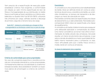 27
26
Sem prejuízo de a especificação de execução poder
estabelecer critérios mais exigentes, a conformidade
em relação ao valor mínimo especificado do teor de
fibras e homogeneidade da sua distribuição no betão
fresco é verificada se forem satisfeitos os critérios esta-
belecidos no Quadro NA.P da NP EN 13670, utilizando
três amostras por carga, colhidas durante a descarga
do primeiro, segundo e terceiro terço da carga.
Quadro NA.P – Avaliação da conformidade para a dosagem de fibras
e homogeneidade da sua distribuição no betão fresco no ponto de entrega
Tipo de fibras
Método
de ensaio
Valor limite para os valores individuais
e para a média das 3 amostras
Fibras de aço EN 14721
Valor individual
≥ 0,95 do valor médio
das 3 amostras
Média das 3 amostras
±5 % em massa do
valor pretendido
Fibras
poliméricas
da classe II
EN 14488-7
Valor individual
≥ 0,90 do valor médio
das 3 amostras
Média das 3 amostras
±10 % em massa
do valor pretendido
Critérios de conformidade para outras propriedades
No caso de o projetista especificar a resistência à tra-
ção por compressão diametral ou outras propriedades,
nomeadamente relativas à durabilidade ou à deforma-
bilidade do betão, deve estabelecer também os respe-
tivos planos de amostragem e critérios de conformi-
dade.
Consistência
A consistência é uma característica da trabalhabilidade
do betão. Deve ser definida tendo em conta as carac-
terísticas da estrutura, a resistência do betão, as condi-
ções climatéricas, os tempos de transporte e de des-
carga e os meios de colocação em obra.
Para betões correntes deve ser especificada uma classe
de abaixamento ou o valor pretendido. Para betão auto-
compactável (BAC) deve ser especificada uma classe
de espalhamento.
A consistência do betão é determinante para assegurar
uma adequada aplicação e compactação do betão.
Uma menor consistência vai tornar mais difícil a movi-
mentação do betão através das armaduras. Daí pode
resultar um menor envolvimento das armaduras, o que
reduz a tensão de aderência e maior quantidade de tra-
balho interno necessário para o compactar, ou seja,
maior dificuldade para que o betão fresco encha o
molde, tendo em conta as armaduras.
As classes de abaixamento são as seguintes:
Classe
Abaixamento determinado
de acordo com a EN 12350-2
(mm)
S1 10 a 40
S2 50 a 90
S3 100 a 150
S4 160 a 210
S5 * 220
* Devido à falta de sensibilidade do método de ensaio, é recomendada
a utilização do ensaio para o abaixamento ≥10 mm e ≤210 mm
 