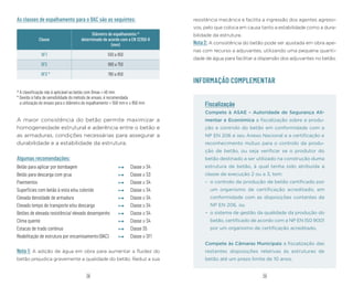 29
28
As classes de espalhamento para o BAC são as seguintes:
Classe
Diâmetro de espalhamento a)
determinado de acordo com a EN 12350-8
(mm)
SF1 550 a 650
SF2 660 a 750
SF3 * 760 a 850
a)
A classificação não é aplicável ao betão com Dmax > 40 mm
* Devido à falta de sensibilidade do método de ensaio, é recomendada
a utilização do ensaio para o diâmetro do espalhamento > 550 mm e ≤ 850 mm
A maior consistência do betão permite maximizar a
homogeneidade estrutural e aderência entre o betão e
as armaduras, condições necessárias para assegurar a
durabilidade e a estabilidade da estrutura.
Algumas recomendações:
Betão para aplicar por bombagem
Betão para descarga com grua
Pavimentos
Superfícies com betão à vista e/ou colorido
Elevada densidade de armadura
Elevado tempo de transporte e/ou descarga
Betões de elevada resistência/ elevado desempenho
Clima quente
Estacas de trado contínuo
Reabilitação de estrutura por encamisamento (BAC)
Nota 1: A adição de água em obra para aumentar a fluidez do
betão prejudica gravemente a qualidade do betão. Reduz a sua
resistência mecânica e facilita a ingressão dos agentes agressi-
vos, pelo que coloca em causa tanto a estabilidade como a dura-
bilidade da estrutura.
Nota2: A consistência do betão pode ser ajustada em obra ape-
nas com recurso a adjuvantes, utilizando uma pequena quanti-
dade de água para facilitar a dispersão dos adjuvantes no betão.
INFORMAÇÃO COMPLEMENTAR
Classe ≥ S4
Classe ≥ S3
Classe ≥ S4
Classe ≥ S4
Classe ≥ S4
Classe ≥ S4
Classe ≥ S4
Classe ≥ S4
Classe S5
Classe ≥ SF1
Fiscalização
Compete à ASAE – Autoridade de Segurança Ali-
mentar e Económica a fiscalização sobre a produ-
ção e controlo do betão em conformidade com a
NP EN 206 e seu Anexo Nacional e a certificação e
reconhecimento mútuo para o controlo da produ-
ção de betão, ou seja verificar se o produtor do
betão destinado a ser utilizado na construção duma
estrutura de betão, à qual tenha sido atribuída a
classe de execução 2 ou a 3, tem:
– o controlo da produção de betão certificado por
um organismo de certificação acreditado, em
conformidade com as disposições contantes da
NP EN 206, ou
– o sistema de gestão da qualidade da produção do
betão, certificado de acordo com a NP EN IS0 9001
por um organismo de certificação acreditado.
Compete às Câmaras Municipais a fiscalização das
restantes disposições relativas às estruturas de
betão até um prazo limite de 10 anos.
 