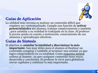 Guías de Aplicación
La utilidad más cercana es matizar un contenido difícil que
   requiere ser contextualizado. Cumple una función de activar
   potencialidades del alumno, trabajar empíricamente y también
   , para asimilar a su realidad lo trabajado en la clase. Al profesor
   le presta ayuda en cuanto a motivación, conocimiento de sus
   alumnos y aprendizajes efectivos.
Guías de Síntesis
El objetivo es asimilar la totalidad y discriminar lo más
   importante. Son muy útiles para el alumno al finalizar un
   contenido complejo y también al terminar una unidad, ya que
   logra comprenderlo en su totalidad. Como esquema mental
   ordena al alumno , ya que cualquier contenido tiene inicio,
   desarrollo y conclusión. Al profesor le sirve para globalizar,
   cerrar capítulos y enfatizar lo más importante.

                                                                         9
 