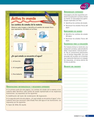 Unidad


                                                                                     aprendiZaJes esperados
                                                                                     Esta página y las dos siguientes con-
                                                                                     tienen la evaluación sumativa Activa
        Activa tu mente                                                              tu mente. En esta página los apren-
                                                                                     dizajes esperados son dos:
                                                                                     • Identiﬁcar los cambios de estado.
        Los cambios de estados de la materia                                         • Reconocer los estados físicos del
        Observa cada imagen e identifica el cambio de estado físico                    agua.
        que representa. Escríbelo en la línea.
                                                                                     indicadores de loGros
        1.                                 2.                                        • Identiﬁca los cambios de estado
                                                                                       del agua.
                                                                                     • Reconoce los estados físicos del
                                                                                       agua.

                                                                                     suGerencias para la eValuación
        3.                                4.                                         Por tratarse Activa tu mente de una
                                                                                     evaluación sumativa, cada estudiante
                                                                                     debe responderla individualmen-
                                                                                     te. No es conveniente presionarlos
                                                                                     con el tiempo disponible, sino que
       ¿En qué estado se encuentra el agua?                                          proceder de acuerdo con el tiempo
                                                                                     que realmente demoran en trabajar
                                                                                     las respuestas, al menos dentro de
       1. Al hervirla
                                                                                     límites prudentes.


       2. Al congelarla
                                                                                     apunTes del docenTe


       3. Para beberla


                                                                              83




orienTaciones MeTodolóGicas Y resulTados esperados
En la primera parte de esta página, Los cambios de estado de la materia, el es-
tudiante debe identiﬁcar cada cambio de estado representado en las respectivas
ilustraciones. Las respuestas son las siguientes:
1. Solidiﬁcación. 2. Fusión. 3. Condensación. 4. Evaporación.
En la segunda parte de esta página, ¿En qué estado se encuentra el agua?, el es-
tudiante tiene que reconocer cada estado físico del agua en las ilustraciones. Las
respuestas son las siguientes:
1. Vapor. 2. Sólida. 3. Líquida.




                                                                                                    Unidad 3: El agua   119
 