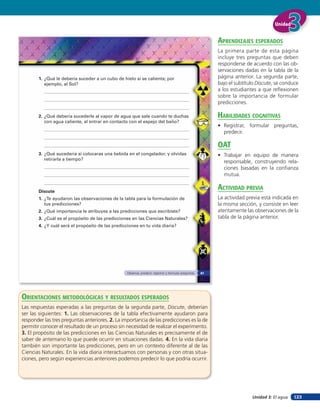 Unidad


                                                                                                            aprendiZaJes esperados
                                                                                                            La primera parte de esta página
                                                                                                            incluye tres preguntas que deben
                                                                                                            responderse de acuerdo con las ob-
                                                                                                            servaciones dadas en la tabla de la
       1. ¿Qué le debería suceder a un cubo de hielo si se calienta; por                                    página anterior. La segunda parte,
          ejemplo, al Sol?                                                                                  bajo el subtítulo Discute, se conduce
                                                                                                            a los estudiantes a que reﬂexionen
                                                                                                            sobre la importancia de formular
                                                                                                            predicciones.

       2. ¿Qué debería sucederle al vapor de agua que sale cuando te duchas                                 HaBilidades coGniTiVas
          con agua caliente, al entrar en contacto con el espejo del baño?
                                                                                                            • Registrar, formular preguntas,
                                                                                                              predecir.

                                                                                                            oaT
       3. ¿Qué sucedería si colocaras una bebida en el congelador, y olvidas                                • Trabajar en equipo de manera
          retirarla a tiempo?
                                                                                                              responsable, construyendo rela-
                                                                                                              ciones basadas en la conﬁanza
                                                                                                              mutua.


       Discute
                                                                                                            acTiVidad preVia
       1. ¿Te ayudaron las observaciones de la tabla para la formulación de                                 La actividad previa está indicada en
          tus predicciones?                                                                                 la misma sección, y consiste en leer
       2. ¿Qué importancia le atribuyes a las predicciones que escribiste?                                  atentamente las observaciones de la
       3. ¿Cuál es el propósito de las predicciones en las Ciencias Naturales?                              tabla de la página anterior.
       4. ¿Y cuál será el propósito de las predicciones en tu vida diaria?




                                                  Observar, predecir, registrar y formular preguntas   87




orienTaciones MeTodolóGicas Y resulTados esperados
Las respuestas esperadas a las preguntas de la segunda parte, Discute, deberían
ser las siguientes: 1. Las observaciones de la tabla efectivamente ayudaron para
responder las tres preguntas anteriores. 2. La importancia de las predicciones es la de
permitir conocer el resultado de un proceso sin necesidad de realizar el experimento.
3. El propósito de las predicciones en las Ciencias Naturales es precisamente el de
saber de antemano lo que puede ocurrir en situaciones dadas. 4. En la vida diaria
también son importante las predicciones, pero en un contexto diferente al de las
Ciencias Naturales. En la vida diaria interactuamos con personas y con otras situa-
ciones, pero según experiencias anteriores podemos predecir lo que podría ocurrir.




                                                                                                                           Unidad 3: El agua   123
 