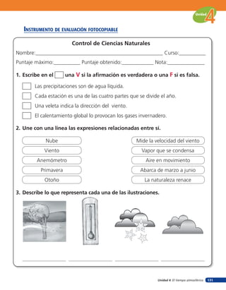 Unidad



   insTruMenTo de eValuación foTocopiaBle

                        Control de Ciencias Naturales
Nombre:________________________________________________ Curso:__________
Puntaje máximo:__________ Puntaje obtenido:____________ Nota:______________

1. Escribe en el      una V si la aﬁrmación es verdadera o una F si es falsa.

        Las precipitaciones son de agua líquida.
        Cada estación es una de las cuatro partes que se divide el año.
        Una veleta indica la dirección del viento.
        El calentamiento global lo provocan los gases invernadero.

2. Une con una línea las expresiones relacionadas entre sí.

            Nube                                     Mide la velocidad del viento
            Viento                                     Vapor que se condensa
        Anemómetro                                       Aire en movimiento
          Primavera                                   Abarca de marzo a junio
            Otoño                                       La naturaleza renace

3. Describe lo que representa cada una de las ilustraciones.




                                                              Unidad 4: El tiempo atmosférico   131
 