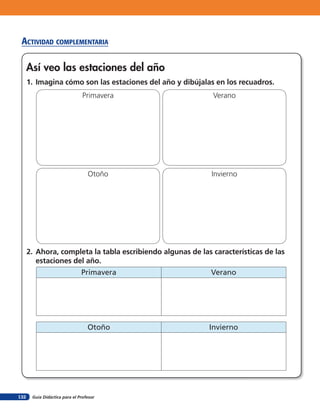 acTiVidad coMpleMenTaria

      Así veo las estaciones del año
      1. Imagina cómo son las estaciones del año y dibújalas en los recuadros.
                                Primavera                    Verano




                                  Otoño                      Invierno




      2. Ahora, completa la tabla escribiendo algunas de las características de las
         estaciones del año.
                               Primavera                     Verano




                                  Otoño                     Invierno




132    Guía Didáctica para el Profesor
 