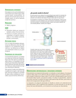 aprendiZaJes esperados
 Esta página se encuentra dedicada al
 instrumento que mide el agua caída              ¿Se puede medir la lluvia?
 cuando llueve: el pluviómetro. Se               El instrumento que utilizan los meteorólogos para medir la cantidad de
 dan las instrucciones para armar un             agua que cae cuando llueve es el pluviómetro. Este les permite dar a
 modelo casero, el cual es bastante              conocer en el informe del tiempo el agua caída cada vez que llueve.
 simple de construir.                            Te invitamos a construir un modelo casero de pluviómetro. Todo lo que
                                                 necesitas es un jarro plástico con una escala en centímetros pegada en
                                                 uno de sus lados, y un embudo hecho a partir de la parte superior de
 HaBilidad                                       una botella plástica. Guíate por la figura.
 • Medir y registrar.

 oaT
 • Demostrar interés por conocer la
   realidad y utilizar el conocimiento.               Embudo plástico

 • Practicar la iniciativa personal, la
   creatividad y el espíritu empren-
   dedor en los ámbitos personal,
   escolar y comunitario.
                                                          Jarro
 acTiVidad preVia                                                                                     Escala en centímetros

 Con un mapa climatológico del país,
 revisar las diferentes zonas de Chile
 respecto a sus condiciones pluvio-
 métricas. Las diferencias se deben
 a su orientación norte-sur y su gran            Cuando creas que va a llover, instala el
                                                 pluviómetro construido en un lugar despejado
 longitud.
                                                 del exterior de tu casa. Para saber cuánto               Desafía
                                                 llovió, basta con leer la escala métrica. Vacía el       tu mente
 suGerencia de eValuación                        jarro y vuelve a colocarlo en el mismo lugar. Así    Compara las regiones
                                                 estará listo para la próxima lluvia. Cuida que       extremas de Chile
 Los estudiantes preparan un trabajo             no se tape con hojas u otro objeto. ¿Para qué        respecto a las lluvias.
 con datos de la Dirección Meteoro-              crees que es importante medir la cantidad de         ¿En cuál llueve más,
 lógica de Chile sobre la cantidad de            agua caída?                                          en el norte o en el sur
                                                                                                      del país?
 agua caída en su localidad o la más
 cercana que tenga datos disponibles.
 Elegir diferentes periodos de tiempo      96   Unidad 4 • Lección 6: ¿Cómo está el día?
 de modo que cada estudiante tenga
 una información diferente.
 Otra opción es seleccionar diferentes
 ciudades de la región o del resto del    orienTaciones MeTodolóGicas Y resulTados esperados
 país, para que comparen la cantidad      El pluviómetro se compone de dos partes: un embudo y un jarro plástico. El embudo
 de agua caída y establezcan las po-      superior debe calzar con la abertura del jarro plástico que va en la parte inferior, y
 sibles causas de dichas diferencias.     que recogerá ﬁnalmente el agua caída. El corte de la botella plástica para formar
                                          el embudo debe hacerlo una persona adulta. Al utilizar el pluviómetro, advertir
                                          que tienen que leer la medición de agua caída apenas deja de llover, para evitar el
                                          efecto de la evaporación del agua de lluvia.
                                          La respuesta a la pregunta planteada en Desafía tu mente se ha obtenido de la
                                          actividad previa y de la sugerencia de evaluación: el norte del país es una de las
                                          zonas más secas del planeta, y en el extremo sur las lluvias son abundantes.




142   Guía Didáctica para el Profesor
 
