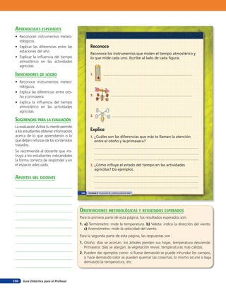 aprendiZaJes esperados
 • Reconocer instrumentos meteo-
   rológicos.
 • Explicar las diferencias entre las           Reconoce
   estaciones del año.
                                                Reconoce los instrumentos que miden el tiempo atmosférico y
 • Explicar la inﬂuencia del tiempo             lo que mide cada uno. Escribe al lado de cada figura.
   atmosférico en las actividades
   agrícolas.

 indicadores de loGro                           1.

 • Reconoce instrumentos meteo-
   rológicos.
 • Explica las diferencias entre oto-
   ño y primavera.                              2.
 • Explica la inﬂuencia del tiempo
   atmosférico en las actividades
   agrícolas.
                                                3.
 suGerencias para la eValuación
 La evaluación Activa tu mente permite
 a los estudiantes obtener información          Explica
 acerca de lo que aprendieron o lo              1. ¿Cuáles son las diferencias que más te llaman la atención
 que deben reforzar de los contenidos              entre el otoño y la primavera?
 tratados.
 Se recomienda al docente que ins-
 truya a los estudiantes indicándoles
 la forma correcta de responder y en
 el espacio adecuado.                           2. ¿Cómo influye el estado del tiempo en las actividades
                                                   agrícolas? Da ejemplos.

 apunTes del docenTe

                                         104   Unidad 4 • Lección 6: ¿Cómo está el día?




                                         orienTaciones MeTodolóGicas Y resulTados esperados
                                         Para la primera parte de esta página, los resultados esperados son:
                                         1. a) Termómetro: mide la temperatura. b) Veleta: indica la dirección del viento.
                                            c) Anemómetro: mide la velocidad del viento.
                                         Para la segunda parte de esta página, las respuestas son :
                                         1. Otoño: días se acortan, los árboles pierden sus hojas, temperatura desciende.
                                            Primavera: días se alargan, la vegetación revive, temperaturas más cálidas.
                                         2. Pueden dar ejemplos como: si llueve demasido se puede inhundar los campos,
                                            si hace demasido calor se pueden quemar las cosechas, lo mismo ocurre si baja
                                            demasido la temperatura, etc.



150   Guía Didáctica para el Profesor
 