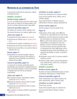Respuestas de las actividades del Texto
       A continuación encontrarás las respuestas a algunas          ¡Científicos en acción!, página 21
       actividades del texto.                                       Primera línea: Vertebrados y Sin columna vertebral.
       Unidad 1, Lección 1                                          Grupo vertical izquierdo: peces, anfibios, aves (o
       Desafía tu mente, página 14                                  mamífero reptiles).
       A un río. Los anfibios pasan parte de su vida en agua        Grupo vertical derecho: artrópodos, gusanos,
       dulce; ponen sus huevos en el medio acuático, y las          celenterados (o moluscos, esponja, equinodermos).
       crías en su primera edad viven bajo el agua dulce.           Activa tu mente, página 23
       Conecta lo aprendido, página 15                              Identifica y dibuja: 1. pez; 2. estrella de mar
       Piel cubierta con escamas: salmón, lagartija, atún.          Página 25
       Piel cubierta de plumas: loro, paloma, gallina, pato.        1.	a) mariposa, chinita, abeja, mosca; b) coral,
       ¿Cómo voy?, página 16                                           caracol de mar; y c) estrella de mar, erizo de mar.
       1.	Aprendí que los peces respiran por branquias.             2.	a) Salmón, tiene piel cubierta de escamas, respira
       2.	Aprendí que los anfibios viven en el agua y en la            por las branquias y se reproduce por huevos.
          tierra.                                                      b) Perro, tiene la piel cubierta por pelos, cuatro
       3.	Aprendí que los reptiles se reproducen por huevos.           extremidades y se reproduce por crías vivas.
                                                                       c) Mosca, animal sin columna vertebral, tiene
       4.	Aprendí que las aves tienen la piel cubierta de plumas.
                                                                       tres pares de patas, alas que le permiten volar
       5.	Aprendí que los mamíferos, en su primera edad, se            y se reproducen por huevos. d) Tortuga: animal
          alimentan de leche.                                          vertebrado que posee cuatro extremidades y una
       Razona, página 17                                               caparazón que protege su cuerpo. Se reproduce
       3.	Depende de los animales escogidos. Algunos                   por huevos.
          sirven de alimento (mariscos), otros mejoran la           3.	Vertebrados: mono y niña; Sin columna vertebral:
          calidad de la tierra (lombrices) o son fuente de             mariposa y caracol.
          materias primas (algas).                                  4.	Moluscos: pulpo, ostión y caracol; Equinodermos:
       Conecta lo aprendido, página 18                                 erizo, estrella de mar y sol de mar, y artrópodos:
       La mayoría de los animales vertebrados poseen                   araña, jaiba y centolla.
       extremidades que les permiten el desplazamiento; en          Unidad 1, Lección 2
       tanto, los animales indicados no tienen extremidades.        Desafía tu mente, página 28
       Se desplazan por otras formas; por ejemplo,
       arrastrándose.                                               No podría, los huevos se deshidratarían porque no tienen
                                                                    una protección adecuada para un hábitat terrestre.
       ¿Cómo voy?, página 19
                                                                    Conecta lo aprendido, página 29
       a)	Las esponjas, gusanos, celenterados, etcétera,
                                                                    Tienen metamorfosis: rana, abeja y mariposa. No
          carecen de columna vertebral.
                                                                    tienen metamorfosis: gallina, humano y gato.
       b)	Aprendí que algunos moluscos tienen el cuerpo
          cubierto por una o dos conchas.                           ¡Científicos en acción!, página 30
       c)	Aprendí que los equinodermos tienen el cuerpo             Primera línea: terrestre.
          cubierto por espinas.                                     Grupo vertical izquierdo: lago, río, orilla del mar.
       d)	Los animales sin columna vertebral se reproducen          Grupo horizontal derecho: bosque, montaña,
          por huevos.                                               desierto.
164   Respuestas de las actividades del Texto
 