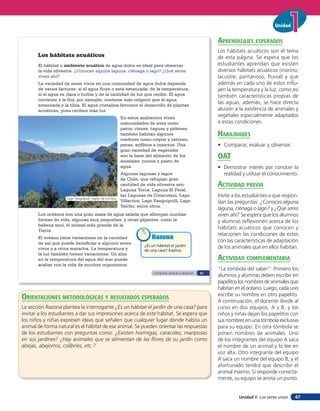 Unidad


                                                                                                                aprendiZaJes esperados
                                                                                                                Los hábitats acuáticos son el tema
       Los hábitats acuáticos                                                                                   de esta página. Se espera que los
       El hábitat o ambiente acuático de agua dulce es ideal para observar                                      estudiantes aprendan que existen
       la vida silvestre. ¿Conoces alguna laguna, ciénaga o lago? ¿Qué seres                                    diversos hábitats acuáticos (marino,
       viven ahí?                                                                                               lacustre, pantanoso, fluvial) y que
       La variedad de seres vivos en una comunidad de agua dulce depende                                        además en cada uno de estos influ-
       de varios factores: si el agua fluye o está estancada, de la temperatura,                                yen la temperatura y la luz, como así
       si el agua es clara o turbia y de la cantidad de luz que recibe. El agua                                 también características propias de
       corriente y la fría, por ejemplo, contiene más oxígeno que el agua
       estancada y la tibia. El agua cristalina favorece el desarrollo de plantas
                                                                                                                las aguas; además, se hace directa
       acuáticas, pues reciben más luz.                                                                         alusión a la existencia de animales y
                                                            En estos ambientes viven
                                                                                                                vegetales especialmente adaptados
                                                            comunidades de aves como                            a estas condiciones.
                                                            patos, cisnes, taguas y pidenes;
                                                            también habitan algunos                             HaBilidades
                                                            roedores como coipos y ratones,
                                                            peces, anfibios e insectos. Una                     • Comparar, evaluar y observar.
                                                            gran variedad de vegetales
                                                            son la base del alimento de los
                                                            animales: juncos y pasto de
                                                                                                                oaT
                                                            agua.                                               • Demostrar interés por conocer la
                                                            Algunas lagunas y lagos                               realidad y utilizar el conocimiento.
                                                            de Chile, que refugian gran
                                                            cantidad de vida silvestre son:                     acTiVidad preVia
                                                            Laguna Torca, Laguna El Peral,
                     Lago Panguipulli, región de Los Ríos
                                                            las Lagunas de Cotacotani, Lago                     Invite a los estudiantes a que respon-
                                                            Villarrica, Lago Panguipulli, Lago                  dan las preguntas: ¿Conoces alguna
                                                            Yelcho, entre otros.
                                                                                                                laguna, ciénaga o lago? y ¿Qué seres
       Los océanos son una gran masa de agua salada que albergan muchas                                         viven ahí? Se espera que los alumnos
       formas de vida, algunas muy pequeñas, y otras gigantes; como la                                          y alumnas reflexionen acerca de los
       ballena azul, el animal más grande de la
       Tierra.
                                                                                                                hábitats acuáticos que conocen y
                                                                                                                relacionen las condiciones de estos
       El océano tiene variaciones en la cantidad                          Razona
       de sal que puede beneficiar a algunos seres
                                                                                                                con las características de adaptación
                                                                       ¿Es un hábitat el jardín                 de los animales que en ellos habitan.
       vivos y a otros matarlos. La temperatura y                      de una casa? Explica.
       la luz también tienen variaciones. Un alza
       en la temperatura del agua del mar puede                                                                 acTiVidad coMpleMenTaria
       acabar con la vida de muchos organismos.
                                                                                                                “La tómbola del saber”. Primero los
                                                                            Comparar, evaluar y observar   31
                                                                                                                alumnos y alumnas deben escribir en
                                                                                                                papelitos los nombres de animales que
                                                                                                                habitan en el océano. Luego, cada uno
                                                                                                                escribe su nombre en otro papelito.
orienTaciones MeTodolóGicas Y resulTados esperados                                                              A continuación, el docente divide al
La sección Razona plantea la interrogante ¿Es un hábitat el jardín de una casa? para                            curso en dos equipos, A y B, y los
invitar a los estudiantes a dar sus impresiones acerca de este hábitat. Se espera que                           niños y niñas dejan los papelitos con
los niños y niñas expresen ideas que señalen que cualquier lugar donde habita un                                sus nombres en una tómbola exclusiva
animal de forma natural es el hábitat de ese animal. Se pueden orientar las respuestas                          para su equipo. En otra tómbola se
de los estudiantes con preguntas como: ¿Existen hormigas, caracoles, mariposas                                  ponen nombres de animales. Uno
en sus jardines? ¿Hay animales que se alimentan de las ﬂores de su jardín como                                  de los integrantes del equipo A saca
abejas, abejorros, colibríes, etc.?                                                                             el nombre de un animal y lo lee en
                                                                                                                voz alta. Otro integrante del equipo
                                                                                                                A saca un nombre del equipo B, y el
                                                                                                                afortunado tendrá que describir el
                                                                                                                animal marino. Si responde correcta-
                                                                                                                mente, su equipo se anota un punto.


                                                                                                                         Unidad 1: Los seres vivos   47
 
