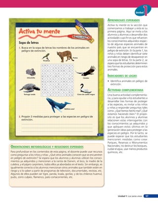 Unidad


                                                                                                         aprendiZaJes esperados
                                                                                                         Activa tu mente es la sección que
                                                                                                         comenzamos a trabajar y esta es su
       Activa tu mente                                                                                   primera página. Aquí se invita a los
                                                                                                         alumnos y alumnas a desarrollar dos
                                                                                                         actividades cuyo fin es que refuercen
                                                                                                         los conocimientos adquiridos respec-
       Sopa de letras                                                                                    to de algunas especies animales de
       1. Busca en la sopa de letras los nombres de los animales en                                      nuestro país que se encuentran en
          peligro de extinción.                                                                          peligro de extinción. En la parte 1, los
                                                                                                         niños y niñas deben identificar siete
                                                                        Puma                             animales en riesgo de desaparecer en
                              Tricahue                                                                   una sopa de letras. En la parte 2, se
                                                                                                         espera que los estudiantes determinen
                            Q   W   R   Y   T   P   S   D   F   G   H   A
                                                                                                         tres formas de protección para estos
                            J   K   C   C   O   N   D   O   R   L   Ñ   S
                            Z   X   H   C   R   V   B   N   M   T   Q   P                                animales.
                            S   D   I   F   T   G   H   J   K   R   L   P

               Chinchilla
                            W   R   N   P   U   M   A   T   Y   I   P   A
                                                                                  Cóndor
                                                                                                         indicadores de loGro
                            Ñ   Z   C   X   G   C   V   B   N   C   M   R
                            M   Q   H   W   A   R   S   D   W   A   Z   R                                • Identiﬁca animales en peligro de
                            N   B   I   V   V   C   Ñ   L   K   H   J   I                                  extinción.
                            B   A   L   L   E   N   A   A   Z   U   L   E
                            P
                            S
                                W
                                D
                                    L
                                    A
                                        Y
                                        F
                                            R
                                            D
                                                T
                                                G
                                                    R
                                                    H
                                                        W
                                                        J
                                                            Q
                                                            K
                                                                E
                                                                L
                                                                    G
                                                                    Ñ
                                                                        R
                                                                        O
                                                                                                         acTiVidad coMpleMenTaria
            Tortuga verde   C   I   S   N   E   Z   X   C   V   B   N   M   Cisne de cuello negro        Una buena actividad complementa-
                                                                                                         ria, y para ayudar a los estudiantes a
                                                                                                         desarrollar tres formas de proteger
                                                                                                         a las especies, es invitar a los niños
                                                            Ballena azul
                                                                                                         y niñas a responder preguntas tales
                                                                                                         como: ¿Qué hemos hecho mal? ¿Qué
                                                                                                         estamos haciendo bien? El propó-
       2. Propón 3 medidas para proteger a las especies en peligro de                                    sito es que los alumnos y alumnas
          extinción.                                                                                     relacionen estas interrogantes con
                                                                                                         los conocimientos ya adquiridos y
                                                                                                         que apliquen estos últimos en la
                                                                                                         generación ideas para proteger a las
                                                                                                         especies en peligro. Por lo tanto, se
                                                                                                    41
                                                                                                         puede esperar que los estudiantes
                                                                                                         mencionen medidas como crear
                                                                                                         Parques, Reservas o Monumentos
orienTaciones MeTodolóGicas Y resulTados esperados                                                       Nacionales; no destruir los bosques,
                                                                                                         cuidar el agua, usar menos productos
Para profundizar en los contenidos de esta página, el docente puede usar recursos                        químicos, etc.
como preguntar a los niños y niñas: ¿Qué otros animales conocen que se encuentren
en peligro de extinción? Se espera que los alumnos y alumnas utilicen los conoci-
mientos ya adquiridos y mencionen a la ranita de Darwin, el loco, la madre de la
culebra, y el pájaro carpintero, todos ellos ya abordados en el texto. Sin embargo, es
igualmente correcto si los alumnos mencionan otros animales que también estén en
riesgo y si lo saben a partir de programas de televisión, documentales, revistas, etc.
Algunos de ellos pueden ser tigre, panda, koala, gorilas; y de los chilenos huemul,
pudú, zorro culpeo, flamenco, pato cortacorrientes, etc.




                                                                                                                   Unidad 1: Los seres vivos   57
 
