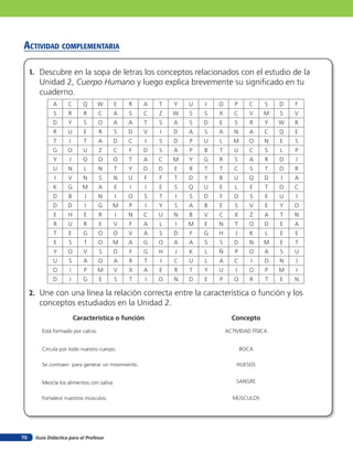 acTiVidad coMpleMenTaria

     1. Descubre en la sopa de letras los conceptos relacionados con el estudio de la
        Unidad 2, Cuerpo Humano y luego explica brevemente su signiﬁcado en tu
        cuaderno.
             A      C       Q      W      E   R   A     T   Y   U   I   O      P      C    S   D   F
              S     R       R      C      A   S   C     Z   W   S   S   X      C      V    M   S   V
             D      Y       S      O      A   A   T     S   A   S   D   E      S       R   Y   W   R
              R     U       E      R      S   D   V     I   D   A   S   A      N      A    C   Q   E
              T      I      T      A      D   C     I   S   D   P   U   L      M      O    N   E   S
             G      O       U      Z      C   F   D     S   A   P   B   T      U      C    S   L   P
              Y      J      O      O      O   T   A     C   M   Y   G   R      S      A    R   O   I
             U      N       L      N      T   Y   D     D   E   R   T   T      C       S   T   O   R
              I     V       N      S      N   U     F   F   T   D   Y   B      U      Q    D   I   A
              K     G       M      A      E   I     I   E   S   Q   U   E      L       E   T   O   C
             D      B       J      N      I   O   S     T   I   S   D   F      O       S   E   U   I
             D      D       I      G      M   P     I   Y   S   A   B   E      S       V   E   Y   O
              E     H       E      R      I   N   C     U   N   B   V   C      X       Z   A   T   N
              R     U       R      E      V   F   A     L   I   M   E   N      T      O    D   E   A
              T      E      G      O      O   V   A     S   D   F   G   H      J       K   L   E   E
              E      S      T      O      M   A   G     O   A   A   S   S      D      N    M   E   T
              Y     O       V      S      D   F   G     H   J   K   L   Ñ      P      O    A   S   U
             U       S      A      O      A   R   T     I   C   U   L   A      C       I   O   N   J
             O       I      P      M      V   X   A     E   R   T   Y   U       I     O    P   M   I
             D       I      G      E      S   T     I   O   N   D   E   P      O       R   T   E   N

     2. Une con una línea la relación correcta entre la característica o función y los
        conceptos estudiados en la Unidad 2.
                         Característica o función                             Concepto
        Está formado por calcio.                                            ACTIVIDAD FÍSICA


        Circula por todo nuestro cuerpo.                                            BOCA

        Se contraen para generar un movimiento.                                 HUESOS


        Mezcla los alimentos con saliva                                         SANGRE


        Fortalece nuestros músculos.                                          MÚSCULOS




70    Guía Didáctica para el Profesor
 