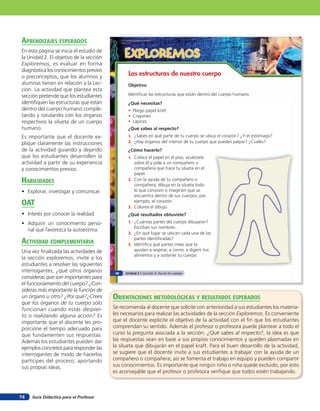 aprendiZaJes esperados
En esta página se inicia el estudio de
la Unidad 2. El objetivo de la sección         EXPLOREMOS
Exploremos, es evaluar en forma
diagnóstica los conocimientos previos
o preconceptos, que los alumnos y
                                                Las estructuras de nuestro cuerpo
alumnas tienen en relación a la Lec-            Objetivo
ción. La actividad que plantea esta
sección pretende que los estudiantes            Identificar las estructuras que están dentro del cuerpo humano.
identiﬁquen las estructuras que están           ¿Qué necesitas?
dentro del cuerpo humano comple-                • Pliego papel kraft
tando y rotulando con los órganos               • Crayones
respectivos la silueta de un cuerpo             • Lápices
humano.                                         ¿Qué sabes al respecto?
Es importante que el docente ex-                1. ¿Sabes en qué parte de tu cuerpo se ubica el corazón? ¿Y el estómago?
plique claramente las instrucciones             2. ¿Hay órganos del interior de tu cuerpo que puedes palpar? ¿Cuáles?
de la actividad guiando y dejando               ¿Cómo hacerlo?
que los estudiantes desarrollen la              1. Coloca el papel en el piso, acuéstate
actividad a partir de su experiencia               sobre él y pide a un compañero o
y conocimientos previos.                           compañera que trace tu silueta en el
                                                   papel.
HaBilidades                                     2. Con la ayuda de tu compañero o
                                                   compañera, dibuja en la silueta todo
• Explorar, investigar y comunicar.                lo que conocen o imaginen que se
                                                   encuentra dentro de sus cuerpos; por
oaT                                                ejemplo, el corazón.
                                                3. Colorea el dibujo.
• Interés por conocer la realidad.              ¿Qué resultados obtuviste?
• Adquirir un conocimiento perso-               1. ¿Cuántas partes del cuerpo dibujaron?
                                                   Escriban sus nombres.
  nal que favorezca la autoestima.
                                                2. ¿En qué lugar se ubican cada una de las
acTiVidad coMpleMenTaria                           partes identificadas?
                                                3. Identifica qué partes crees que te
Una vez ﬁnalizada las actividades de               ayudan a respirar, a correr, a digerir tus
                                                   alimentos y a sostener tu cuerpo.
la sección exploremos, invite a los
estudiantes a resolver las siguientes
interrogantes, ¿qué otros órganos         48   Unidad 2 • Lección 3: Así es mi cuerpo
consideras que son importantes para
el funcionamiento del cuerpo? ¿Con-
sideras más importante la función de
un órgano u otro? ¿Por qué?¿Crees        orienTaciones MeTodolóGicas Y resulTados esperados
que los órganos de tu cuerpo sólo
funcionan cuando estás despier-          Se recomienda al docente que solicite con anterioridad a sus estudiantes los materia-
to o realizando alguna acción? Es        les necesarios para realizar las actividades de la sección Exploremos. Es conveniente
importante que el docente les pro-       que el docente explicite el objetivo de la actividad con el ﬁn que los estudiantes
porcione el tiempo adecuado para         comprendan su sentido. Además el profesor o profesora puede plantear a todo el
que fundamenten sus respuestas.          curso la pregunta asociada a la sección: ¿Qué sabes al respecto?, la idea es que
Además los estudiantes pueden dar        las respuestas sean en base a sus propios conocimientos y queden plasmadas en
ejemplos concretos para responder las    la silueta que dibujarán en el papel kraft. Para el buen desarrollo de la actividad,
interrogantes de modo de hacerlos        se sugiere que el docente invite a sus estudiantes a trabajar con la ayuda de un
partícipes del proceso, aportando        compañero o compañera; así se fomenta el trabajo en equipo y pueden compartir
sus propias ideas.                       sus conocimientos. Es importante que ningún niño o niña quede excluido, por esto
                                         es aconsejable que el profesor o profesora veriﬁque que todos estén trabajando.



74   Guía Didáctica para el Profesor
 