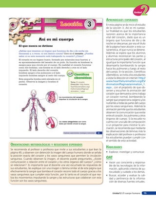Unidad


                                                                                                         aprendiZaJes esperados
                                                Lección                              3                   En esta página se da inicio al estudio
                                                                                                         de la Lección 3, Así es mi cuerpo.
                                                                                                         La ﬁnalidad es que los estudiantes
                                                                                                         razonen acerca de la importancia
                                                                                                         vital del corazón, dado que es un
                         Así es mi cuerpo                                                                órgano que funciona de día y de
                                                                                                         noche sin descansar, por eso el título
       El que nunca se detiene                                                                           de la página hace alusión a esta ca-
       ¿Sabías que tenemos un órgano que funciona de día y de noche sin                                  racterística, el que nunca se detiene.
       descansar y, a veces, ni nos damos cuenta? Este es el corazón. ¿Puedes                            Además se espera que los alumnos
       saber si en este momento está trabajando tu corazón? ¿Cómo?                                       y alumnas reconozcan las partes y
       El corazón es un órgano hueco, formado por músculos muy fuertes, y                                estructuras principales del corazón, al
       es aproximadamente del tamaño de un puño. Su función es bombear la                                igual que la importante función que
       sangre para que circule por el cuerpo. En realidad el corazón funciona                            desempeña bombeando la sangre
       como dos bombas, una bomba en el lado derecho y otra en el lado
                                                                                                         hacia los pulmones y luego al resto
       izquierdo. El lado derecho del corazón
       bombea sangre a los pulmones y el lado                                                            del cuerpo. En la sección, Cientíﬁcos
       izquierdo bombea sangre al resto del cuerpo.           Científicos                                cibernéticos, se invita a los estudiantes
       Esta pequeña bomba está ubicada en el                      cibernéticos                           a visitar la dirección en internet: http://
       pecho. Observa la imagen y localiza el               Tema: El corazón                             www.heartfailurematters.org/ES/
       corazón.                                             Dirección: http://www.                       Animation/Paginas/animation_1.
                                                            heartfailurematters.org/                     aspx , con el propósito de que ob-
                                                            ES/Animation/Paginas/
                                                            animation_1.aspx                             serven y escuchen la animación del
                                                                                                         corazón que demuestra cómo trabaja
                                             Los movimientos del corazón                                 un corazón normal, bombeando la
                                             impulsan la circulación de la sangre.
                                                                                                         sangre que proporciona oxígeno y los
                                                                                                         nutrientes a todas las partes del cuerpo
                                                                                                         por los vasos sanguíneos. Además la
                                                                                                         animación permite que los estudiantes
                                                                                                         observen la comunicación que existe
                                                                                                         entre el corazón, los pulmones y otros
                                                                                                         órganos de cuerpo. Si la escuela no
                                             Los vasos sanguíneos son como                               cuenta con una sala de computación
                                             tubos por donde circula la sangre.
                                                                                                         o un proyector para mostrar la ani-
                                                                                                         mación, se recomienda que mediante
                                                                                                         las observaciones de láminas más la
                                                   Explorar, experimentar, investigar y comunicar   49
                                                                                                         explicación del profesor o profesora
                                                                                                         los estudiantes puedan cumplir con
                                                                                                         el sentido de esta actividad.
orienTaciones MeTodolóGicas Y resulTados esperados
                                                                                                         HaBilidades
Se recomienda al profesor o profesora que invite a sus estudiantes a que lean la
página 49, y observen con detención la imagen del cuerpo humano donde se señala                          • Explorar, investigar y comunicar.
la posición exacta del corazón y los vasos sanguíneos que permiten la circulación
sanguínea. Cuando observen la imagen, el docente puede preguntarles, ¿Existe                             oaT
comunicación o relación entre el corazón y los otros órganos del cuerpo? ¿cómo                           • Hacer uso consciente y responsa-
se relacionan?. Es importante que el docente una vez escuchado las respuestas de                           ble de las tecnologías de la infor-
sus estudiantes, les explique con una imagen o lámina similar al de esta página que                        mación, aplicando criterios de au-
efectivamente la sangre que bombea el corazón recorre todo el cuerpo gracias a los                         tocuidado y cuidado a los demás.
vasos sanguíneos que cumplen esta función, por lo tanto es el corazón el que rea-                        • Buscar, acceder y evaluar la cali-
liza los movimientos impulsando la sangre y las estructuras que colaboran con esta                         dad y pertinencia de la informa-
función son los vasos sanguíneos.                                                                          ción de diversas fuentes virtuales.



                                                                                                               Unidad 2: El cuerpo humano         75
 