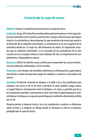Conociendo la capa de ozono
Objetivo: Conocer la importancia de conservar la capa de ozono.
Contenido: El gas CFC (clorofluorocarbonado) puede permanecer en las capas ba­
jas de la atmósfera entre sesenta y setenta años, tiempo suficiente para que llegue
intacto a la estratosfera y descomponga la capa protectora de ozono que ayuda a
la filtración de la radiación ultravioleta. La estratosfera es la zona superior de la
atmósfera desde los 12 hasta los 100 kilómetros de altura. Es importante recor­
dar que la radiación ultravioleta es la causante de las quemaduras de la piel
cuan­do uno va a la playa, incluso si está nublado. Por ello, la importancia de usar
protectores o bloqueadores solares.
Destrezas: Utilizar la relación causa y efecto ­para comprender las causas de dece­
nas de problemas ambientales a nivel mundial.
Materiales: Una lámpara de bombillo tradicional (no fluorescente), papel blanco
translúcido o bolsa transparente, papel de rotafolio o cartulina y marcadores de
colores.
Actividad: El docente enciende la lámpara y le pide a los y las estudiantes que
coloquen una mano a 10 cm de ésta y perciban el calor emitido. Luego, coloca
un papel blanco o transparente entre la lámpara y la mano, y permite que los y
las estudiantes perciban nuevamente el calor. Así como el papel bloquea el calor
emitido por la lámpara, la capa de ozono bloquea la radiación ultravioleta emitida
por el sol.
Posteriormente, el docente invita a los y las estudiantes a analizar y reflexionar
sobre el tema y a elaborar un dibujo donde se destaque la vida en el planeta,
protegida por la capa de ozono.



 