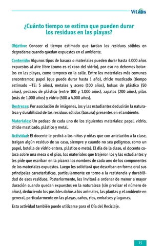 ¿Cuánto tiempo se estima que pueden durar
los residuos en las playas?
Objetivo: Conocer el tiempo estimado que tardan los residuos sólidos en
degradarse cuando quedan expuestos en el ambiente.
Contenido: Algunos tipos de basura o materiales pueden durar hasta 4.000 años
expuestos al aire libre (como es el caso del vidrio), por eso no debemos botar­
los en las playas, como tampoco en la calle. Entre los materiales más comunes
encon­­tramos: papel (que puede durar hasta 1 año), chicle masticado (tiempo
estimado –TE: 5 años), metales y acero (100 años), bolsas de plástico (50
años), pedazos de plástico (entre 100 y 1.000 años), zapatos (200 años), pilas
(más de 1.000 años) y vidrio (500 a 4.000 años).
Destrezas: Por asociación de imágenes, los y las estudiantes deducirán la naturaleza y durabilidad de los residuos sólidos (basura) presentes en el ambiente.
Materiales: Un pedazo de cada uno de los siguientes materiales: papel, vidrio,
chicle masticado, plástico y metal.
Actividad: El docente le pedirá a los niños y niñas que con antelación a la clase,
traigan algún residuo de su casa, siempre y cuando no sea peligroso, como un
papel, botella de vidrio entera, plástico o metal. El día de la clase, el docente coloca sobre una mesa o el piso, los materiales que trajeron los y las estudiantes y
les pide que escriban en la pizarra los nombres de cada uno de los componentes
de los materiales expuestos. Luego les solicitará que describan en forma oral sus
principales características, particularmente en torno a la resistencia y durabilidad de esos residuos. Posteriormente, les invitará a ordenar de menor a mayor
duración cuando quedan expuestos en la naturaleza (sin precisar el número de
años), deduciendo los posibles daños a los animales, las plantas y el ambiente en
general, particularmente en las playas, caños, ríos, embalses y lagunas.
Esta actividad también puede utilizarse para el Día del Reciclaje.



 