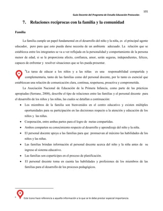 101
Guía Docente del Programa de Estudio Educación Preescolar.
7. Relaciones recíprocas con la familia y la comunidad
Familia
La familia cumple un papel fundamental en el desarrollo del niño y la niña, es el principal agente
educador, pero para que esto pueda darse necesita de un ambiente adecuado. La relación que se
establezca entre los integrantes se va a ver reflejada en la personalidad y comportamiento de la persona
menor de edad, si se le proporciona afecto, confianza, amor, serán seguras, independientes, felices,
capaces de enfrentar y resolver situaciones que se les pueda presentar.
6
La tarea de educar a los niños y a las niñas es una responsabilidad compartida y
complementaria, tanto de las familias como del personal docente, por lo tanto es esencial que
establezcan una relación de comunicación clara, continua, respetuosa, proactiva y comprometida.
La Asociación Nacional de Educación de la Primera Infancia, como parte de las prácticas
apropiadas (Serrano, 2008), describe el tipo de relaciones entre las familias y el personal docente para
el desarrollo de los niños y las niñas, las cuales se detallan a continuación:
Los miembros de la familia son bienvenidos en el centro educativo y existen múltiples
oportunidades para su participación en las decisiones respecto a la atención y educación de los
niños y las niñas.
Cooperación, entre ambas partes para el logro de metas compartidas.
Ambos comparten su conocimiento respecto al desarrollo y aprendizaje del niño y la niña.
El personal docente apoya a las familias para que promuevan al máximo las habilidades de los
niños y las niñas.
Las familias brindan información al personal docente acerca del niño y la niña antes de su
ingreso al sistema educativo.
Las familias son copartícipes en el proceso de planificación.
El personal docente toma en cuenta las habilidades y profesiones de los miembros de las
familias para el desarrollo de los procesos pedagógicos.
6
Este ícono hace referencia a aquella información a la que se le debe prestar especial importancia.
 