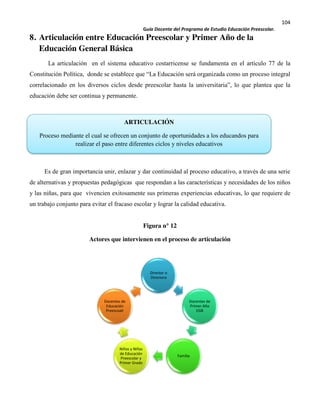 104
Guía Docente del Programa de Estudio Educación Preescolar.
ARTICULACIÓN
Proceso mediante el cual se ofrecen un conjunto de oportunidades a los educandos para
realizar el paso entre diferentes ciclos y niveles educativos
8. Articulación entre Educación Preescolar y Primer Año de la
Educación General Básica
La articulación en el sistema educativo costarricense se fundamenta en el artículo 77 de la
Constitución Política, donde se establece que “La Educación será organizada como un proceso integral
correlacionado en los diversos ciclos desde preescolar hasta la universitaria”, lo que plantea que la
educación debe ser continua y permanente.
Es de gran importancia unir, enlazar y dar continuidad al proceso educativo, a través de una serie
de alternativas y propuestas pedagógicas que respondan a las características y necesidades de los niños
y las niñas, para que vivencien exitosamente sus primeras experiencias educativas, lo que requiere de
un trabajo conjunto para evitar el fracaso escolar y lograr la calidad educativa.
Figura n° 12
Actores que intervienen en el proceso de articulación
Director o
Directora
Docentes de
Primer Año
EGB
Familia
Niños y NIñas
de Educación
Preescolar y
Primer Grado
Docentes de
Educación
Preescoalr
 