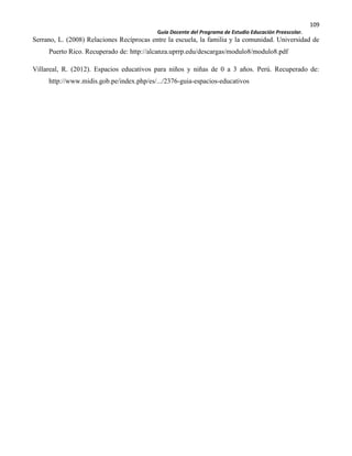 109
Guía Docente del Programa de Estudio Educación Preescolar.
Serrano, L. (2008) Relaciones Recíprocas entre la escuela, la familia y la comunidad. Universidad de
Puerto Rico. Recuperado de: http://alcanza.uprrp.edu/descargas/modulo8/modulo8.pdf
Villareal, R. (2012). Espacios educativos para niños y niñas de 0 a 3 años. Perú. Recuperado de:
http://www.midis.gob.pe/index.php/es/.../2376-guia-espacios-educativos
 