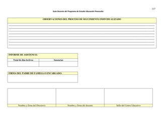 117
Guía Docente del Programa de Estudio Educación Preescolar.
OBSERVACIONES DEL PROCESO DE SEGUIMIENTO INDIVIDUALIZADO
___________________________________________________________________________________________________________________________________
___________________________________________________________________________________________________________________________________
___________________________________________________________________________________________________________________________________
___________________________________________________________________________________________________________________________________
___________________________________________________________________________________________________________________________________
___________________________________________________________________________________________________________________________________
___________________________________________________________________________________________________________________________________
___________________________________________________________________________________________________________________________________
INFORME DE ASISTENCIA
Total de días lectivos Ausencias
FIRMA DEL PADRE DE FAMILIA O ENCARGADO:
Nombre y firma del Director/a Nombre y firma del docente Sello del Centro Educativo
 