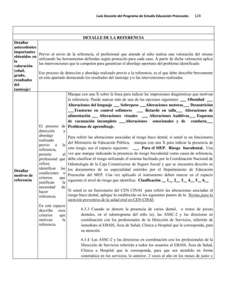 Guía Docente del Programa de Estudio Educación Preescolar. 124
DETALLE DE LA REFERENCIA
Detallar
antecedentes
importantes
obtenidos en
la
valoración
(edad,
grado,
resultados
del
tamizaje)
Previo al envío de la referencia, el profesional que atiende al niño realiza una valoración del mismo
utilizando las herramientas definidas según protocolo para cada caso. A partir de dicha valoración aplica
las intervenciones que le competen para garantizar el abordaje oportuno del problema identificado.
Ese proceso de detección y abordaje realizado previo a la referencia, es el que debe describir brevemente
en este apartado destacando los resultados del tamizaje y/o las intervenciones realizadas.
Detallar
motivos de
referencia
El proceso de
detección y
abordaje
realizado
previo a la
referencia,
permite al
profesional que
refiere
identificar las
condiciones o
criterios que
justifican la
necesidad de
hacer
referencia.
En este espacio
describa esos
criterios que
motivan la
referencia.
Marque con una X sobre la línea para indicar las impresiones diagnósticas que motivan
la referencia. Puede marcar más de una de las opciones siguientes: ___ Obesidad ___
Alteraciones del lenguaje ___ Sobrepeso ___Alteraciones motoras___ Desnutrición
___Trastorno en control esfínteres ___ Retardo en talla___ Alteraciones de
alimentación ___ Alteraciones visuales ___ Alteraciones Auditivas___ Esquema
de vacunación incompleto ___Alteraciones emocionales y de conducta___
Problemas de aprendizaje.
Para referir las alteraciones asociadas al riesgo buco dental, si usted es un funcionario
del Ministerio de Educación Pública, marque con una X para indicar la presencia de
este riesgo, use el espacio siguiente: ___ Para el MEP. Riesgo bucodental. Una
vez que marque indicando la presencia de riesgo bucodental como causa de referencia,
debe clasificar el riesgo utilizando el sistema facilitado por la Coordinación Nacional de
Odontología de la Caja Costarricense de Seguro Social y que se encuentra descrito en
los documentos de su especialidad emitidos por el Departamento de Educación
Preescolar del MEP. Una vez aplicado el instrumento deben marcar en el espacio
siguiente el nivel de riesgo que identifica: Clasificación __ 1__ 2__ 3__ 4__ 5__ 6__
Si usted es un funcionario del CEN CINAI para referir las alteraciones asociadas al
riesgo buco dental, aplique lo establecido en los siguientes puntos de la Norma para la
atención preventiva de la salud oral en CEN-CINAI:
6.3.3 Cuando se detecte la presencia de caries dental, o restos de piezas
dentales, en el odontograma del niño (a), las ASSC-2 y las directoras en
coordinación con los profesionales de la Dirección de Servicios, referirán de
inmediato al EBAIS, Área de Salud, Clínica u Hospital que le corresponda, para
su atención.
6.3.4. Las ASSC-2 y las directoras en coordinación con los profesionales de la
Dirección de Servicios referirán a todos los usuarios al EBAIS, Área de Salud,
Clínica u Hospital que le corresponda, para que sea atendido en forma
sistemática en los servicios, lo anterior, 2 veces al año en los meses de junio y
 