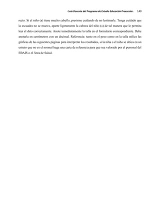 Guía Docente del Programa de Estudio Educación Preescolar. 140
recto. Si el niño (a) tiene mucho cabello, presione cuidando de no lastimarle. Tenga cuidado que
la escuadra no se mueva, aparte ligeramente la cabeza del niño (a) de tal manera que le permita
leer el dato correctamente. Anote inmediatamente la talla en el formulario correspondiente. Debe
anotarla en centímetros con un decimal. Referencia: tanto en el peso como en la talla utilice las
gráficas de las siguientes páginas para interpretar los resultados, si la niña o el niño se ubica en un
estrato que no es el normal haga una carta de referencia para que sea valorado por el personal del
EBAIS o el Área de Salud.
 