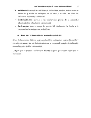 Guía Docente del Programa de Estudio Educación Preescolar. 16
Flexibilidad: considera las características, necesidades, intereses, ritmos, estilos de
aprendizaje y niveles de desempeño de los niños y las niñas. Así como las
situaciones inesperadas o imprevistas.
Contextualización: responde a las características propias de la comunidad
educativa (niños, niñas, familia y comunidad).
Participación: toma en cuenta los aportes del estudiantado, la familia y la
comunidad en las acciones que se planifican.
2.4 Pasos para la elaboración del planeamiento didáctico
Al ser el planeamiento didáctico un proceso flexible y participativo, para su elaboración y
ejecución se requiere de los distintos actores de la comunidad educativa (estudiantado,
personal docente, familias y comunidad).
La figura que se presenta a continuación describe los pasos que se deben seguir para su
elaboración
 