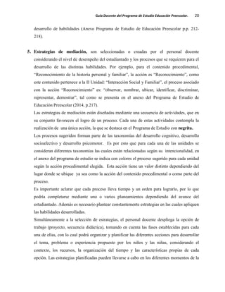 Guía Docente del Programa de Estudio Educación Preescolar. 20
desarrollo de habilidades (Anexo Programa de Estudio de Educación Preescolar p.p. 212-
218).
5. Estrategias de mediación, son seleccionadas o creadas por el personal docente
considerando el nivel de desempeño del estudiantado y los procesos que se requieren para el
desarrollo de las distintas habilidades. Por ejemplo, para el contenido procedimental,
“Reconocimiento de la historia personal y familiar”, la acción es “Reconocimiento”, como
este contenido pertenece a la II Unidad: “Interacción Social y Familiar”, el proceso asociado
con la acción “Reconocimiento” es: “observar, nombrar, ubicar, identificar, discriminar,
representar, demostrar”, tal como se presenta en el anexo del Programa de Estudio de
Educación Preescolar (2014, p.217).
Las estrategias de mediación están diseñadas mediante una secuencia de actividades, que en
su conjunto favorecen el logro de un proceso. Cada una de estas actividades contempla la
realización de una única acción, la que se destaca en el Programa de Estudio con negrita.
Los procesos sugeridos forman parte de las taxonomías del desarrollo cognitivo, desarrollo
socioafectivo y desarrollo psicomotor. Es por esto que para cada una de las unidades se
consideran diferentes taxonomías las cuales están relacionadas según su intencionalidad, en
el anexo del programa de estudio se indica con colores el proceso sugerido para cada unidad
según la acción procedimental elegida. Esta acción tiene un valor distinto dependiendo del
lugar donde se ubique ya sea como la acción del contenido procedimental o como parte del
proceso.
Es importante aclarar que cada proceso lleva tiempo y un orden para lograrlo, por lo que
podría completarse mediante uno o varios planeamientos dependiendo del avance del
estudiantado. Además es necesario plantear constantemente estrategias en las cuales apliquen
las habilidades desarrolladas.
Simultáneamente a la selección de estrategias, el personal docente despliega la opción de
trabajo (proyecto, secuencia didáctica), tomando en cuenta las fases establecidas para cada
una de ellas, con lo cual podrá organizar y planificar las diferentes acciones para desarrollar
el tema, problema o experiencia propuesto por los niños y las niñas, considerando el
contexto, los recursos, la organización del tiempo y las características propias de cada
opción. Las estrategias planificadas pueden llevarse a cabo en los diferentes momentos de la
 