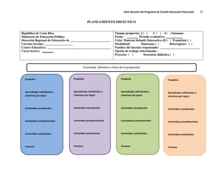 Guía Docente del Programa de Estudio Educación Preescolar. 31
PLANEAMIENTO DIDÁCTICO
República de Costa Rica
Ministerio de Educación Pública
Dirección Regional de Educación de __________________________
Circuito Escolar: __________________
Centro Educativo: _________________________________________
Curso lectivo: _______
Tiempo propuesto: 2 ( ) 3 ( ) 4 ( ) Semanas
Fecha : _______ Periodo evaluativo: ___________
Ciclo: Materno Infantil (Interactivo II) ( ) Transición ( )
Modalidad: Itinerante ( ) Heterogéneo ( )
Nombre del docente responsable: __________________________
Opción de trabajo seleccionada :
Proyecto ( ) Secuencia didáctica ( )
Propósito
Aprendizajes individuales y
colectivos por lograr
Contenidos conceptuales
Contenidos procedimentales
Contenidos actitudinales
Procesos
Propósito
Aprendizajes individuales y
colectivos por lograr
Contenidos conceptuales
Contenidos procedimentales
Contenidos actitudinales
Procesos
Propósito
Aprendizajes individuales y
colectivos por lograr
Contenidos conceptuales
Contenidos procedimentales
Contenidos actitudinales
Procesos
Propósito
Aprendizajes individuales y
colectivos por lograr
Contenidos conceptuales
Contenidos procedimentales
Contenidos actitudinales
Procesos
Enunciado (Nombre o título de la propuesta)
 