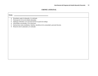 Guía Docente del Programa de Estudio Educación Preescolar. 34
CRONICA SEMANAL
Fecha : __________________________________________________
Resultados según lo planeado y lo realizado.
Participación en las actividades planeadas.
Hallazgos obtenidos en la ejecución del de la opción de trabajo.
Dificultades encontradas y sus soluciones.
Interacciones entre estudiantes, familias, miembros de la comunidad y personal docente.
Relación entre lo planeado y lo realizado.
 