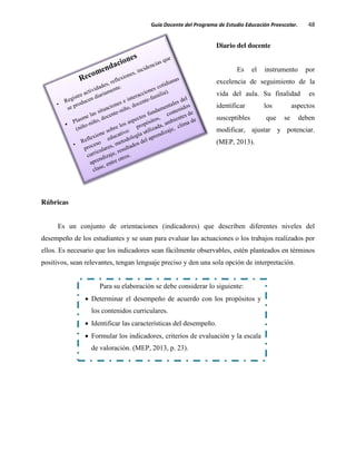 Guía Docente del Programa de Estudio Educación Preescolar. 48
Diario del docente
Es el instrumento por
excelencia de seguimiento de la
vida del aula. Su finalidad es
identificar los aspectos
susceptibles que se deben
modificar, ajustar y potenciar.
(MEP, 2013).
Rúbricas
Es un conjunto de orientaciones (indicadores) que describen diferentes niveles del
desempeño de los estudiantes y se usan para evaluar las actuaciones o los trabajos realizados por
ellos. Es necesario que los indicadores sean fácilmente observables, estén planteados en términos
positivos, sean relevantes, tengan lenguaje preciso y den una sola opción de interpretación.
Para su elaboración se debe considerar lo siguiente:
Determinar el desempeño de acuerdo con los propósitos y
los contenidos curriculares.
Identificar las características del desempeño.
Formular los indicadores, criterios de evaluación y la escala
de valoración. (MEP, 2013, p. 23).
 