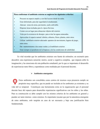85
Guía Docente del Programa de Estudio Educación Preescolar.
Para conformar el ambiente externo se sugieren los siguientes criterios:
• Procurar un espacio amplio y con fácil acceso desde las aulas.
• Estar delimitado, para dar seguridad al estudiantado.
• Adecuar zonas de arena, pavimento, suelo cultivable.
• Disponer áreas techadas para la época lluviosa.
• Contar con un lugar para almacenar objetos del exterior.
• Velar por la existencia de drenajes para evitar las aguas estancadas.
• Aprovechar el espacio natural: árboles, arbustos, flores, plantas, entre otros.
• Utilizar mobiliario exterior adecuado: aparatos de movimiento, lugares de juego,
entre otros.
• Dar mantenimiento a las zonas verdes y al mobiliario exterior.
• Estar siempre al pendiente de la limpieza y de las condiciones de salubridad.
Es vital recordar que los ambientes externos son fuente de estímulos; un escenario para
descubrir; una experiencia sensorial, motriz, social y cognitiva completa, que impacta sobre la
imaginación y las emociones de esta población estudiantil, por lo que es importante el desarrollo
de experiencias tanto libres y espontáneas como mediadas por el personal docente.
Ambientes emergentes
Estos ambientes son concebidos como centros de recursos cuya presencia cumple un
propósito muy específico, que no puede ser incluido en los ambientes ya existentes y su
vida útil es temporal. Constituyen una herramienta extra en la organización que el personal
docente hace del espacio para desarrollar experiencias significativas con los niños y las niñas.
Para su construcción se debe cumplir con los mismos criterios de los ambientes en general y
pueden ser tanto internos como externos. Es importante rescatar que por la naturaleza emergente
de estos ambientes, solo surgirán en caso de ser necesario y bajo una justificación bien
fundamentada.
 