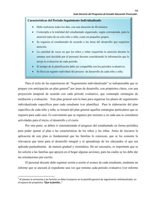 94
Guía Docente del Programa de Estudio Educación Preescolar.
Características del Período Seguimiento Individualizado
Debe realizarse todos los días, con una duración de 40 minutos.
Contempla a la totalidad del estudiantado organizado, según corresponda, para la
atención tanto de un solo niño o niña, como en pequeños grupos.
Se organiza al estudiantado de acuerdo a las áreas del desarrollo que requieren
atención.
La cantidad de veces en que los niños y niñas requerirán la atención durante la
semana será decidida por el personal docente considerando la información que le
arroja la evaluación de cada periodo.
El tiempo de la planificación debe ser compatible con los periodos evaluativos.
Se lleva un registro individual del proceso de desarrollo de cada niño y niña.
Para el éxito de las experiencias de “Seguimiento individualizado” es indispensable que se
prepare con anticipación un plan general4
por áreas de desarrollo, con propósitos claros, con una
proyección temporal de acuerdo con cada periodo evaluativo, que contemple estrategias de
mediación y evaluación. Este plan general será la base para organizar los planes de seguimiento
individualizado específicos para cada estudiante (ver plantillas). Para la elaboración del plan
específico de cada niño y niña, se tomará del plan general aquellas estrategias particulares que se
requiere para cada caso. Es conveniente que se organice por sesiones y en cada una se consideren
actividades para el inicio, el desarrollo y el cierre.
Por otra parte, se deben ir sistematizando el progreso del estudiantado en forma periódica
para poder ajustar el plan a las características de los niños y las niñas. Antes de iniciarse la
aplicación de este plan es fundamental que las familias lo conozcan, que se les comente la
relevancia que tiene para el desarrollo integral y el aprendizaje de los educandos el que sea
aplicado puntualmente, de manera gradual y sistemática. De ser necesario, es importante que se
les solicite a las familias que apoyen en el hogar algunas acciones, para las cuales se les debe dar
las orientaciones por escrito.
El personal docente debe registrar sesión a sesión el avance de cada estudiante, mediante un
informe que se anexará al expediente una vez que termine cada periodo evaluativo (ver informe
4
Al planear la entrevista a las familias se debe incorporar en la plantilla general de seguimiento individualizado, en
el espacio de propósitos “Que la familia…”
 