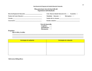 97
Guía Docente del Programa de Estudio Educación Preescolar.
Plan general por área de desarrollo del
Seguimiento individualizado
Dirección Regional de Educación: _____________________________ Ciclo: Materno Infantil (Interactivo II) ( ) Transición ( )
Nombre del Centro Educativo: _______________________________ Modalidad: Itinerante ( ) Heterogéneo ( )
Circuito:__________________________________________________ Nombre del o la docente: ___________________________________
Curso lectivo: _____________________________________________ Periodo evaluativo: ________________________________________
Área de desarrollo
Cognitivo
Socioafectivo
Psicomotriz
Propósitos
Que el niño y la niña:
______________________________________________________________________________________________________
______________________________________________________________________________________________________
______________________________________________________________________________________________________
Estrategias de mediación Estrategias de evaluación
Referencias bibliográficas:
 